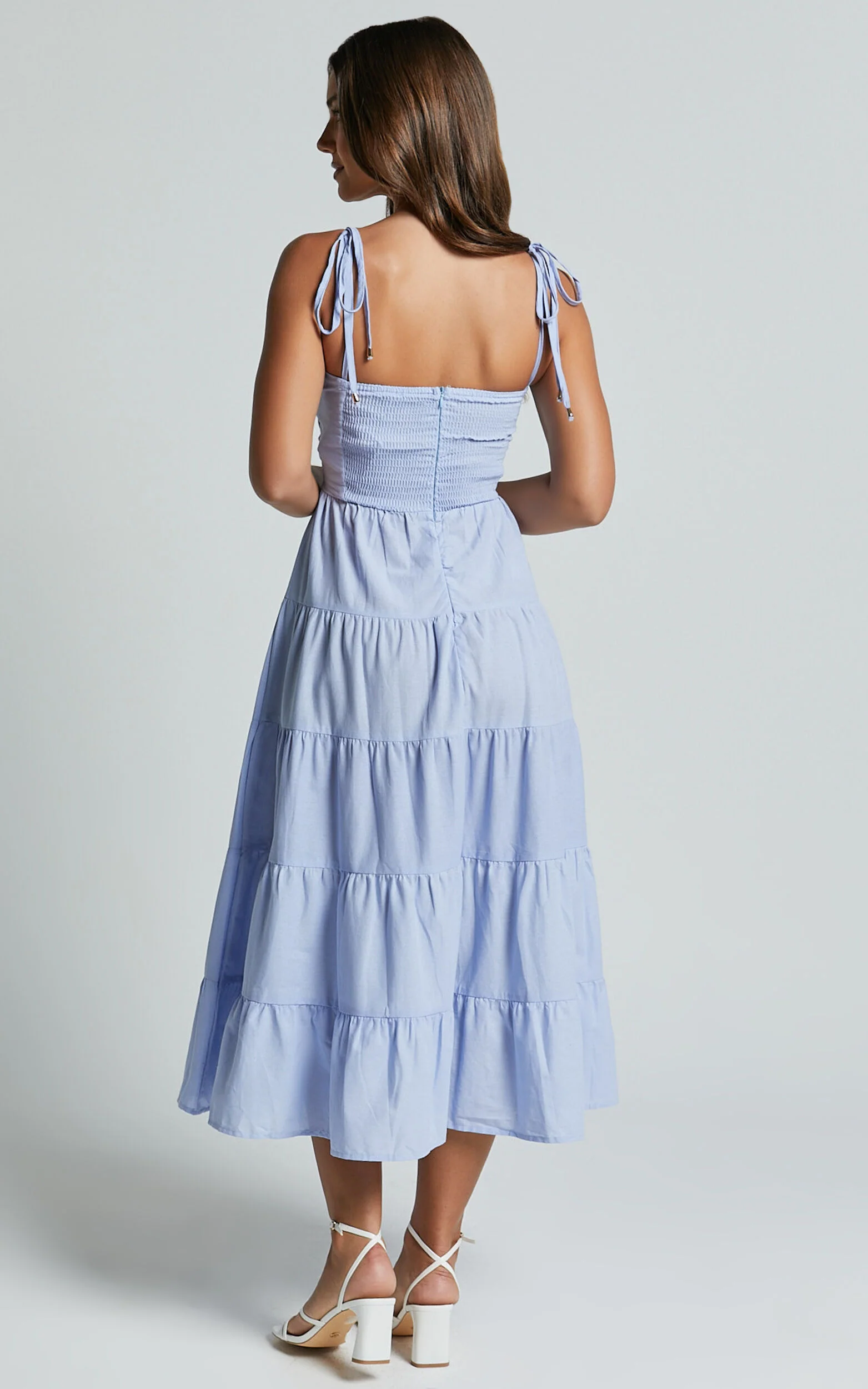 Leticia Midi Dress - Twist Front Tie Strap Tiered Dress in Pale Blue