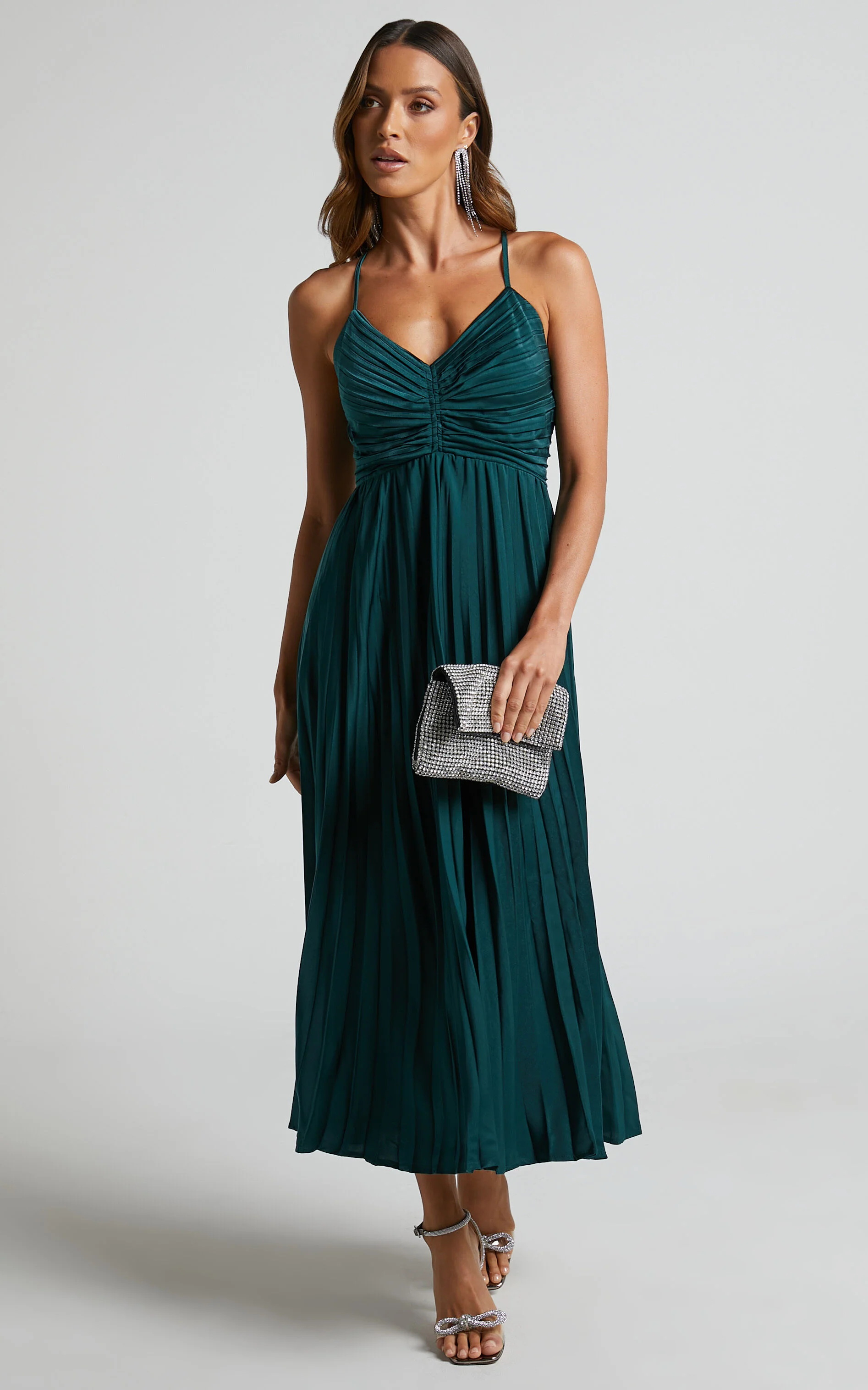 Zayla Midi Dress - Plisse Twist Front Dress in Emerald