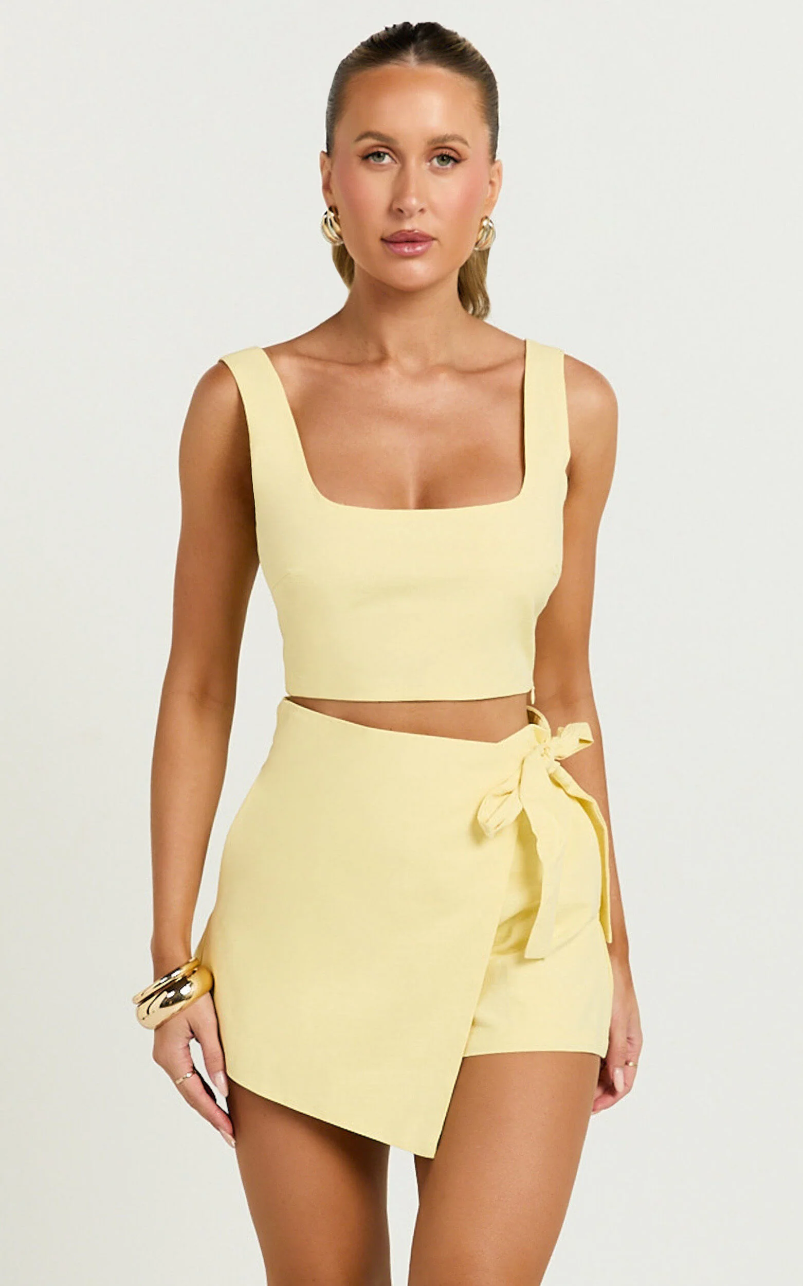 Polina Two Piece Set - Linen Square Neck Crop Top and Tie Waist Skort Set in Lemon
