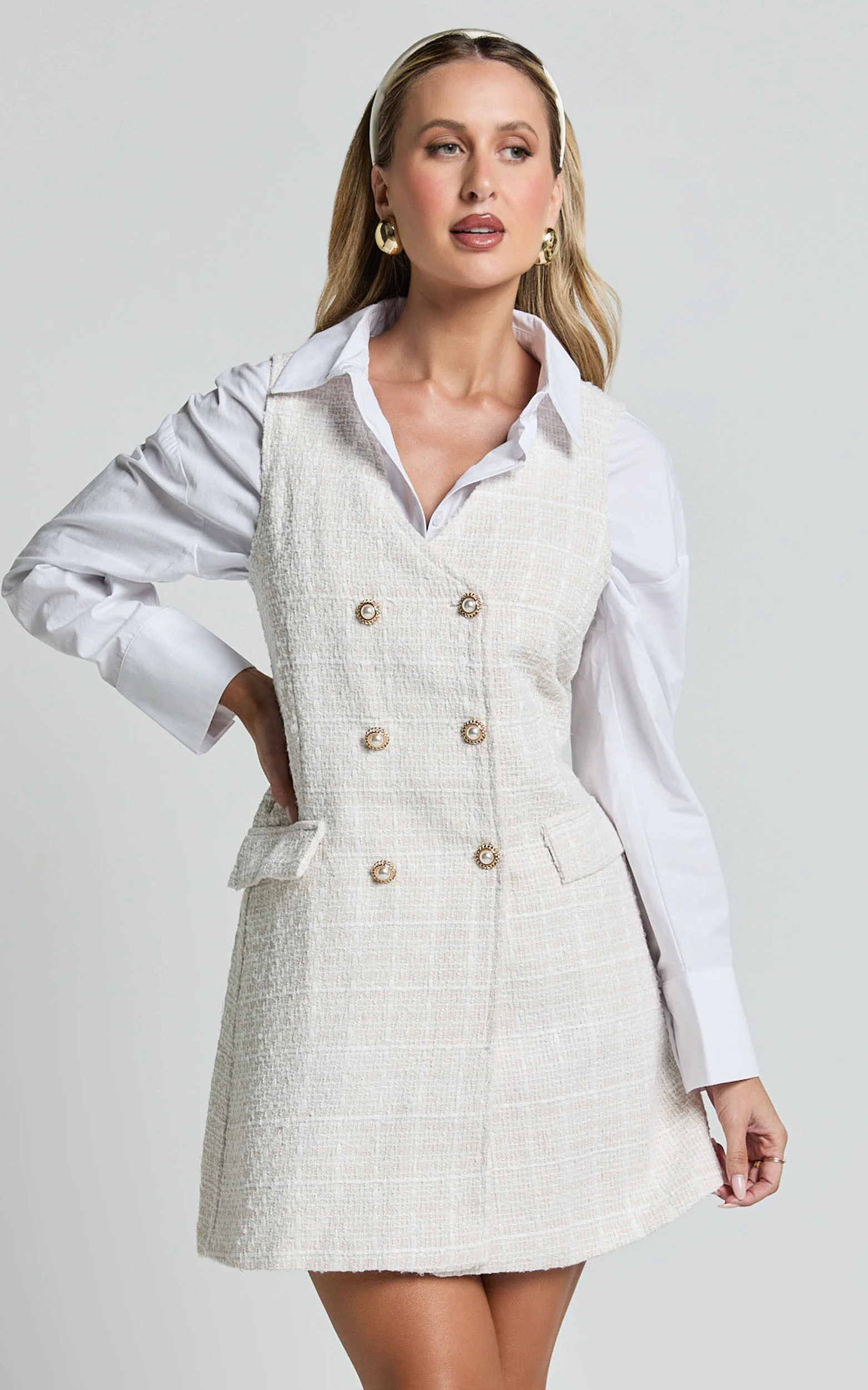 Adriana Mini Dress - Sleeveless V Neck Boucle Dress in Cream