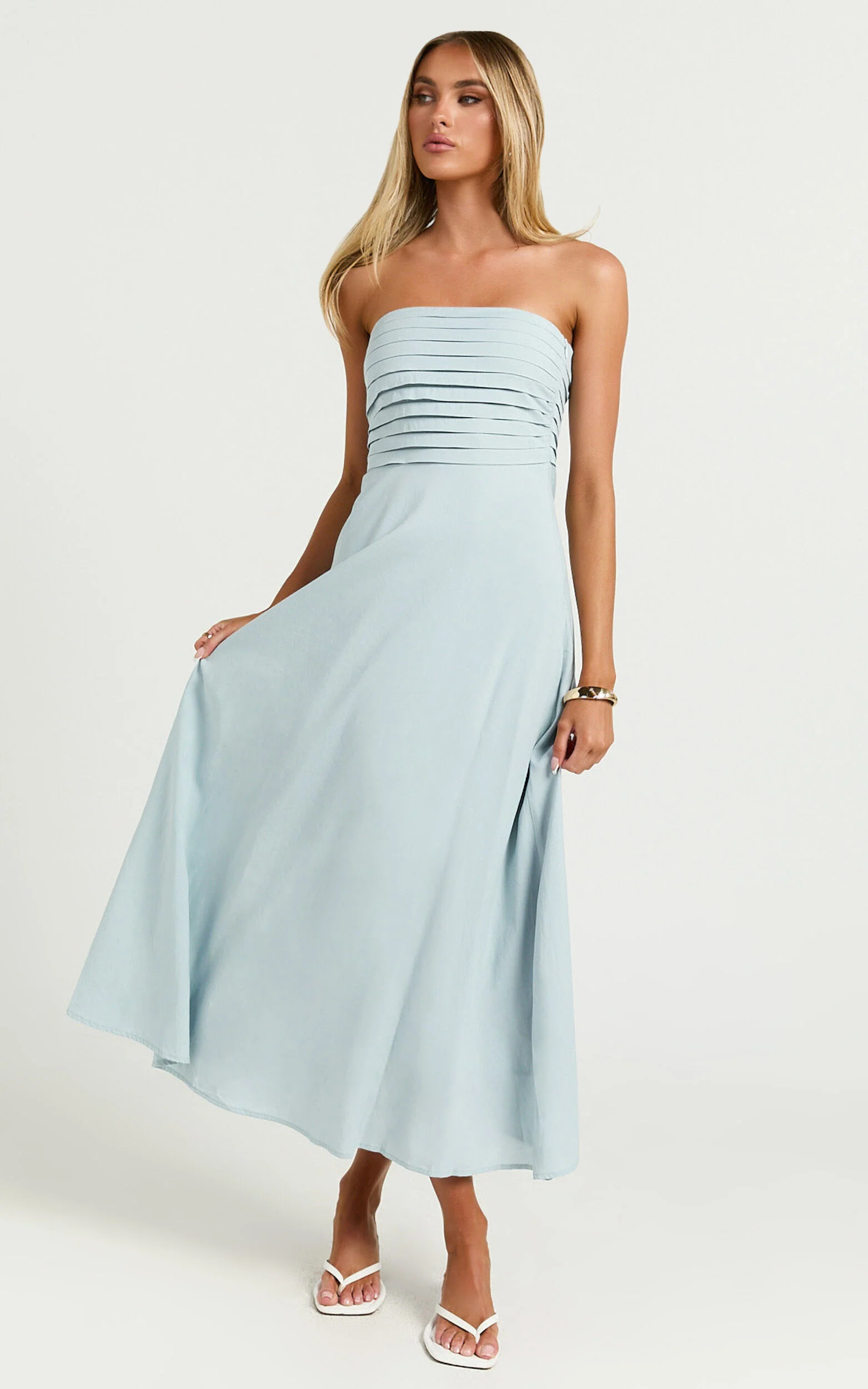 Barbra Midi Dress - Strapless Ruched Bodice Dress in Blue