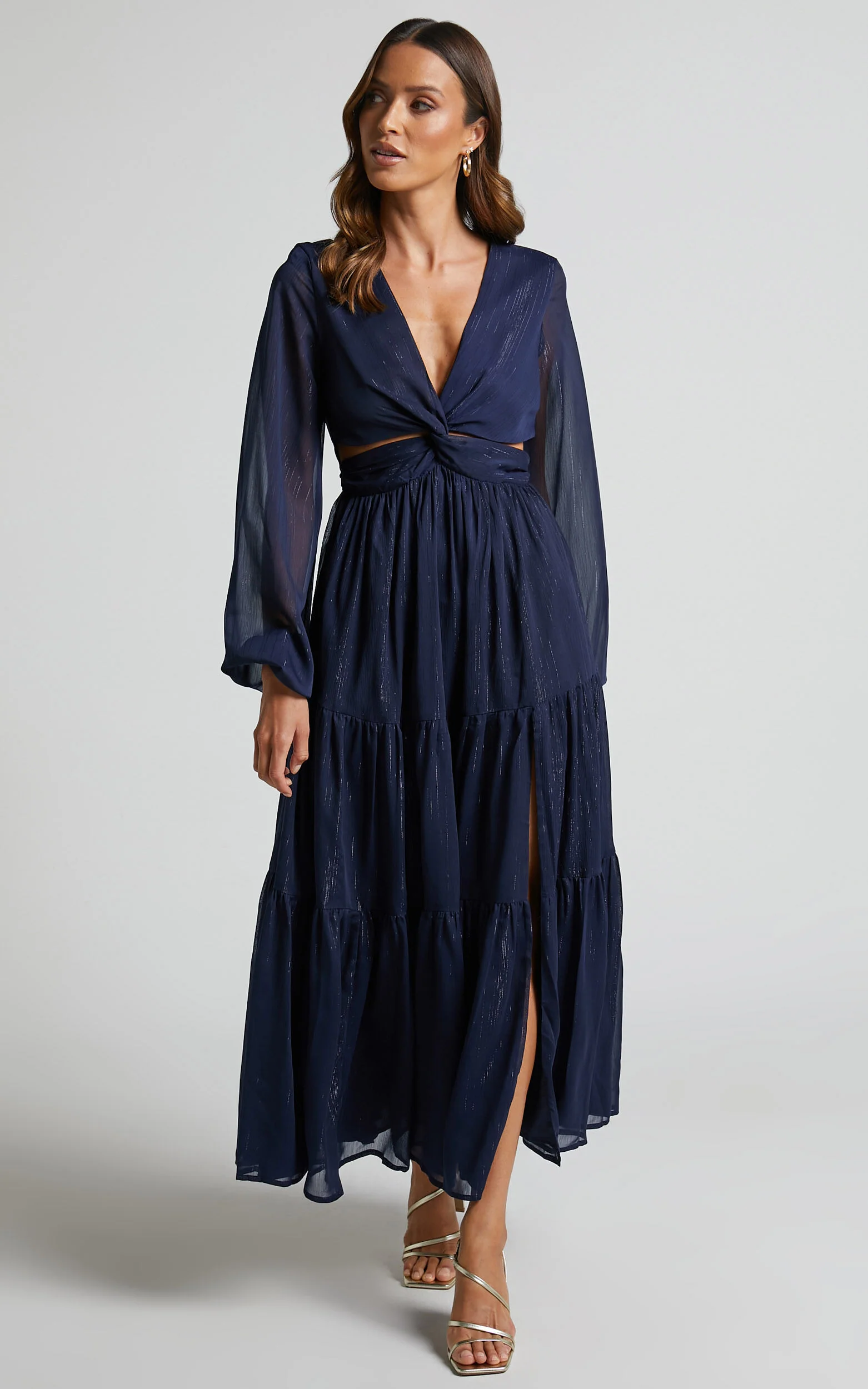 Edelyn Midi Dress - Cut Out Balloon Sleeve Tiered Dress in Navy