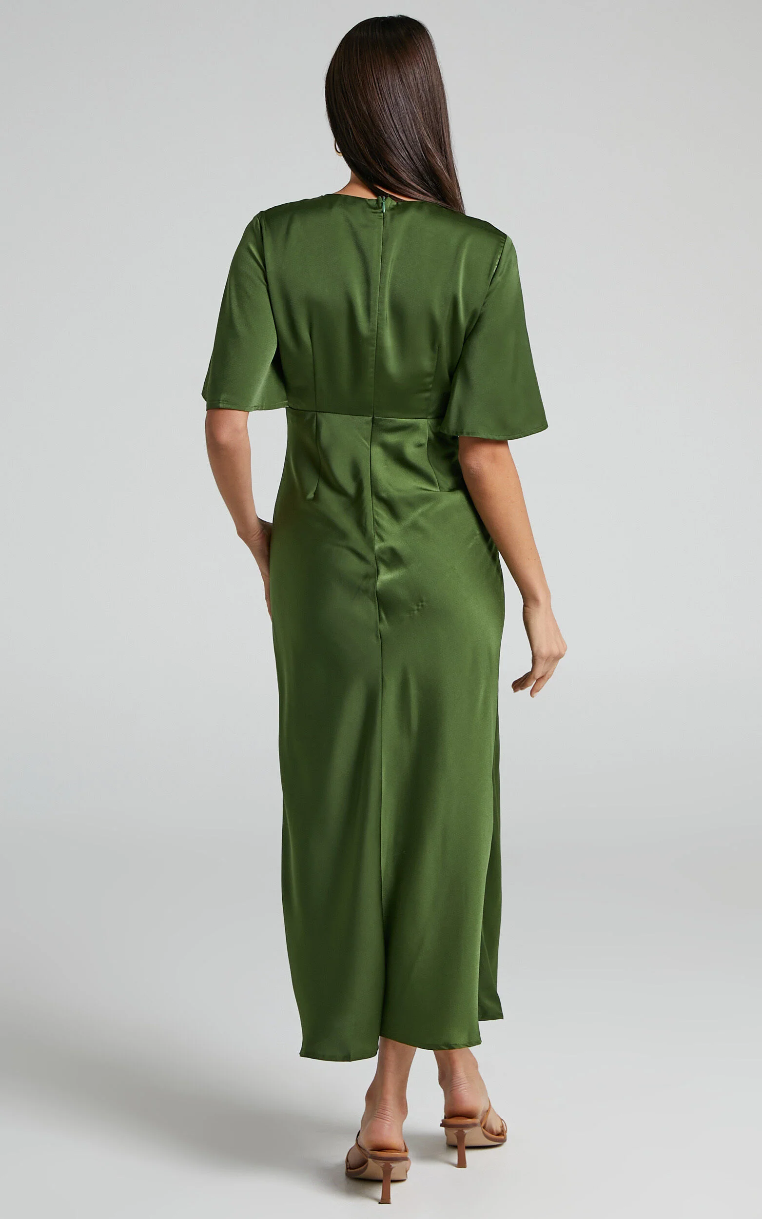 Nicholla Midi Dress - Ruched Front Angel Sleeve Slip Dress in Olive