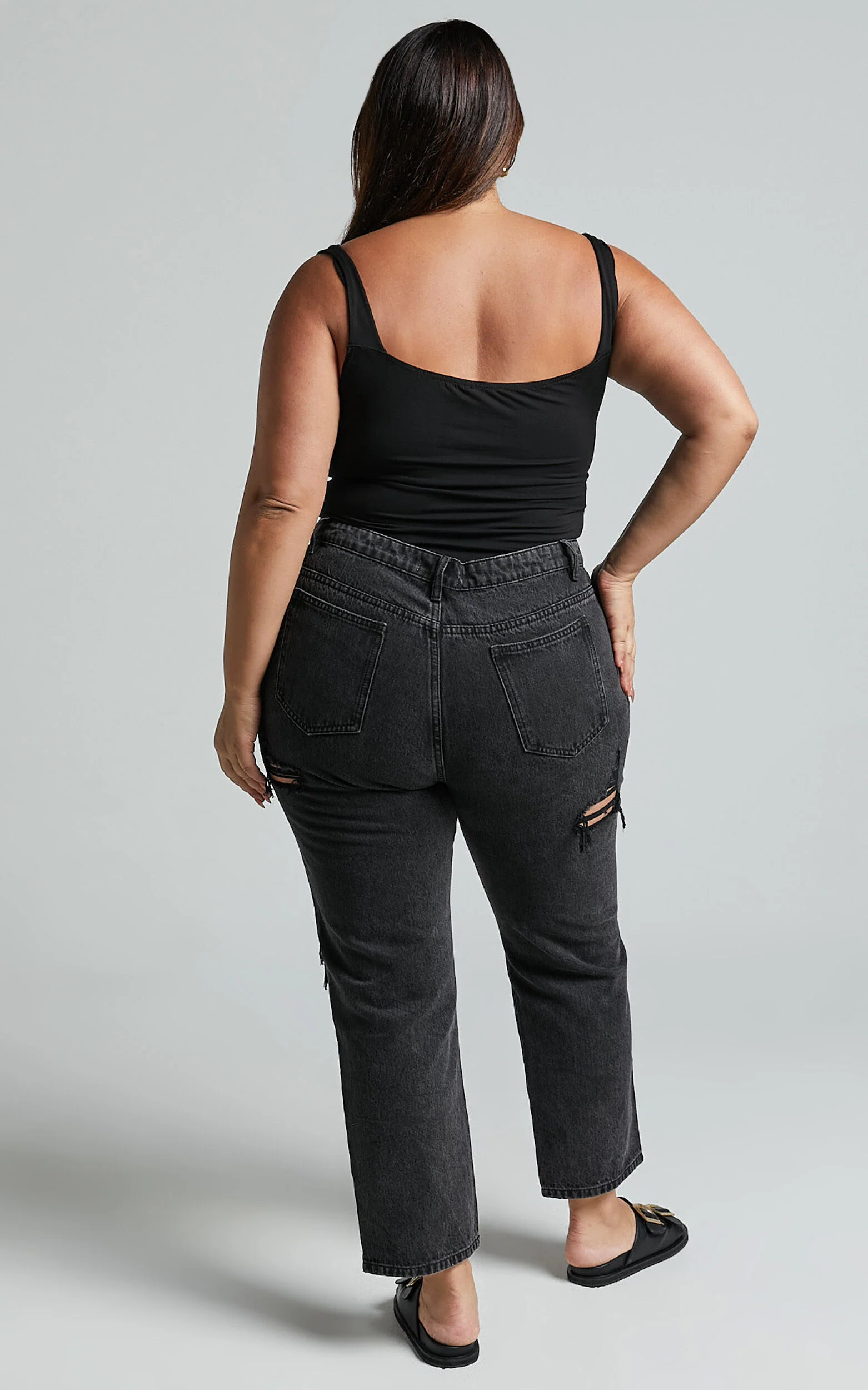 Billie Jeans - High Waisted Cotton Distressed Mom Denim Jeans in Black Wash