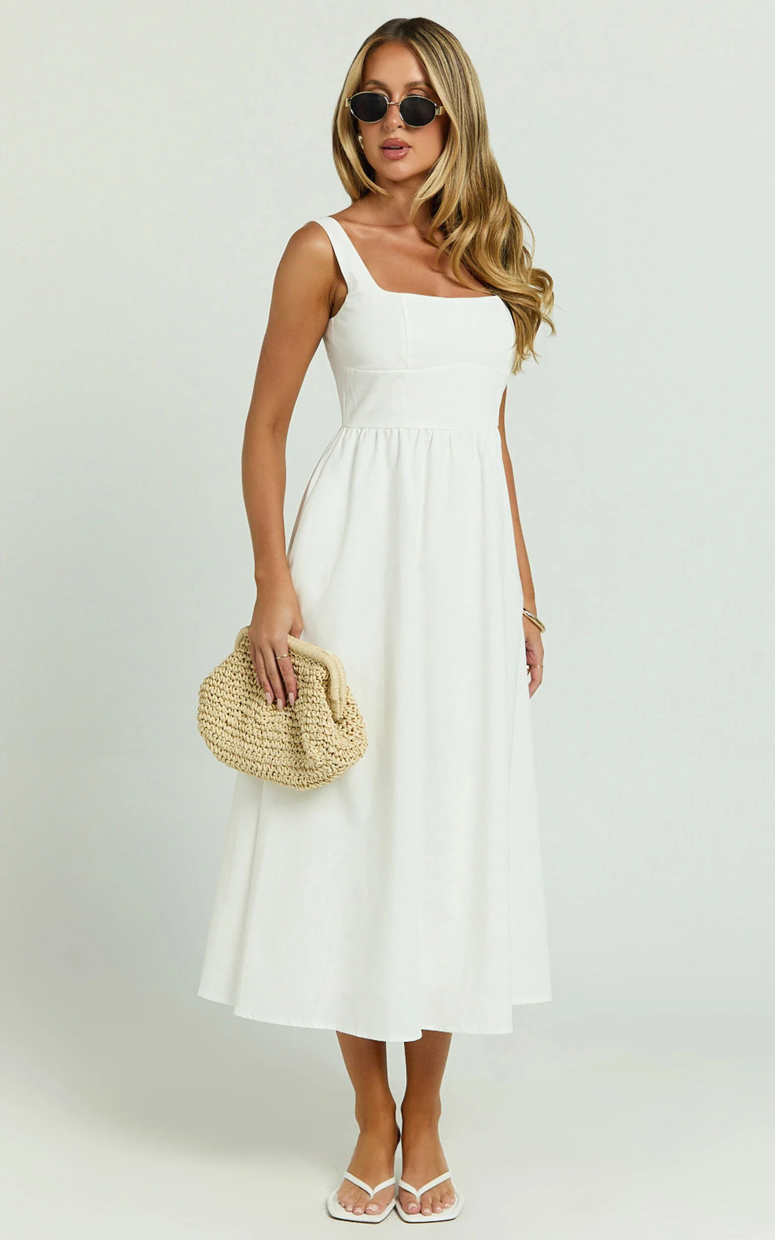 Khari Midi Dress - Linen Look Square A Line Dress in White