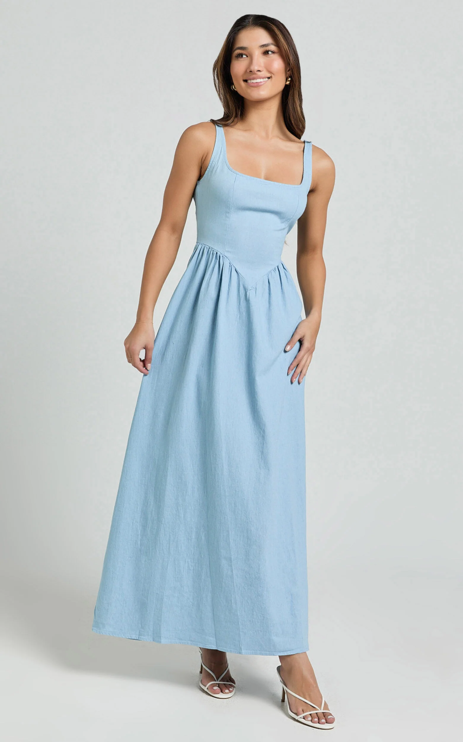 Rhaziya Midi Dress - Sleeveless Straight Neck Fit and Flare Dress in Blue