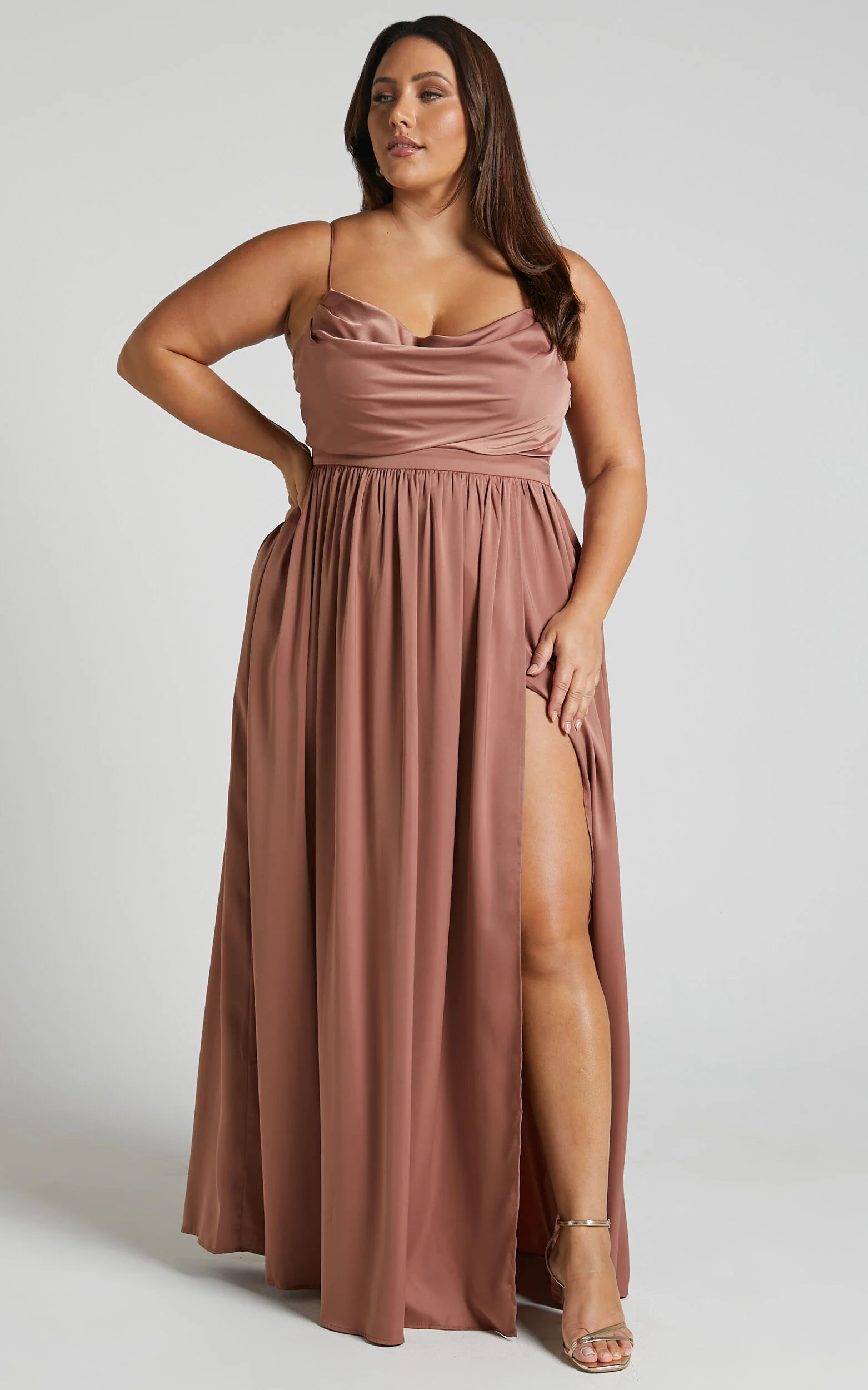 Gemalyn Maxi Dress - Cowl Neck Thigh Split Dress in Dusty Rose