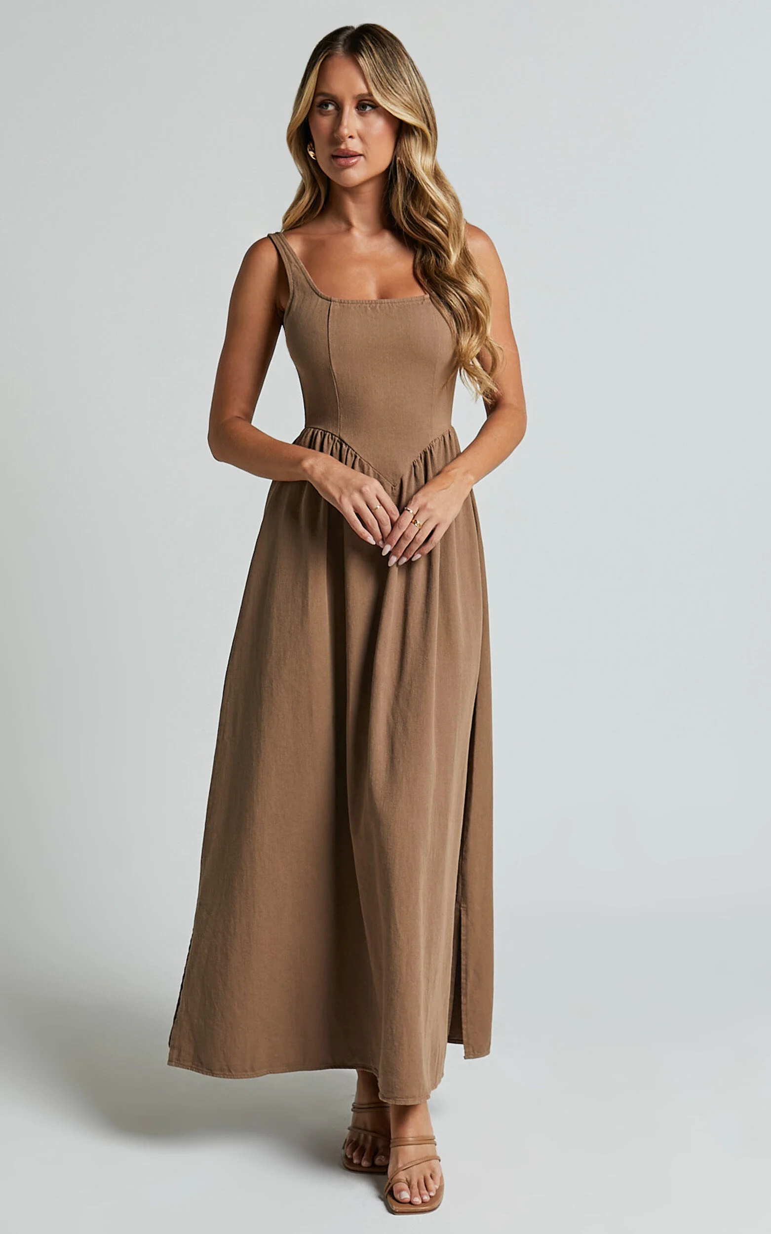 Rhaziya Midi Dress - Sleeveless Straight Neck Fit and Flare Dress in Tobacco