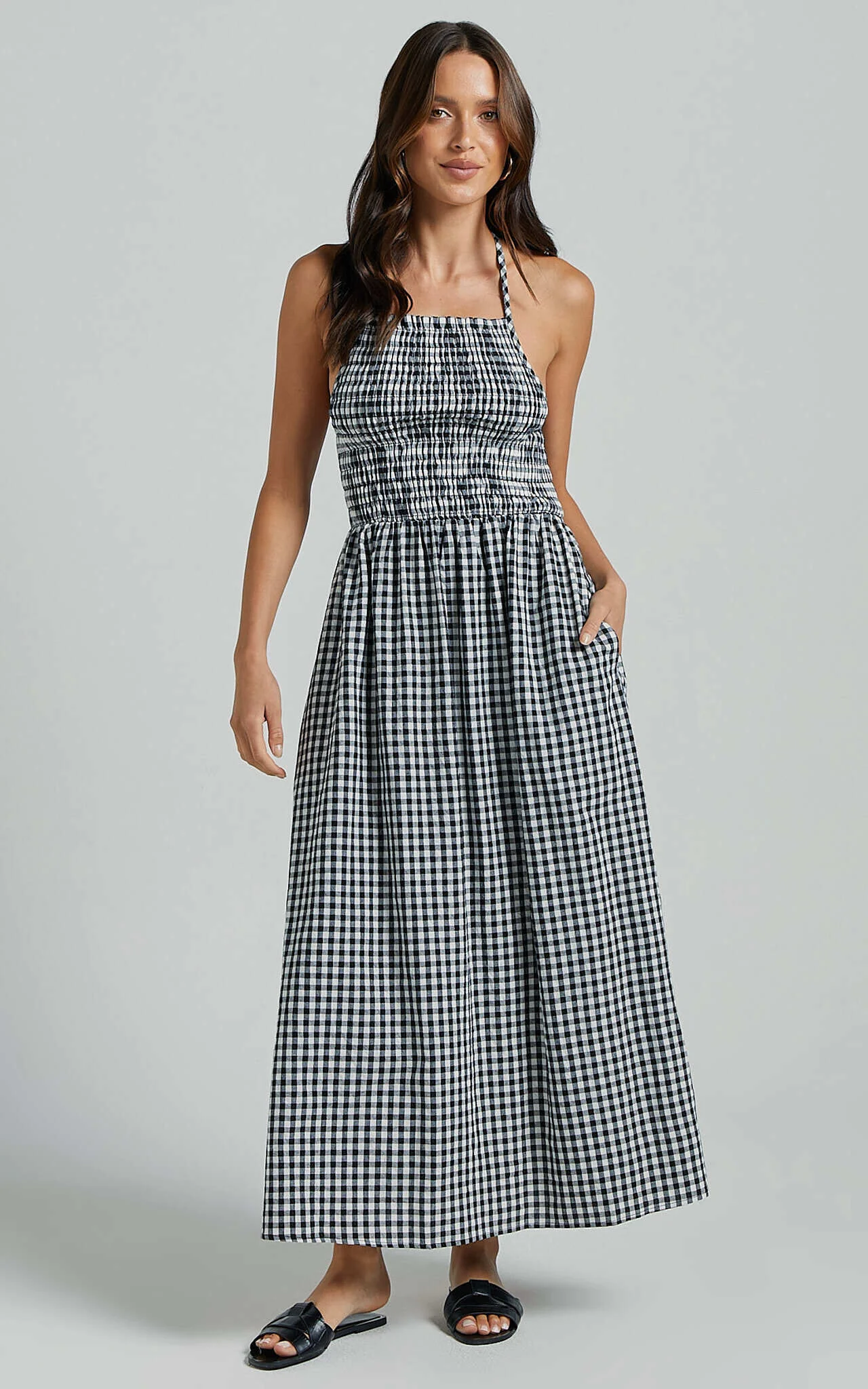 Aimie Midi Dress - Strappy Halter Neck Shirred Top in White Check