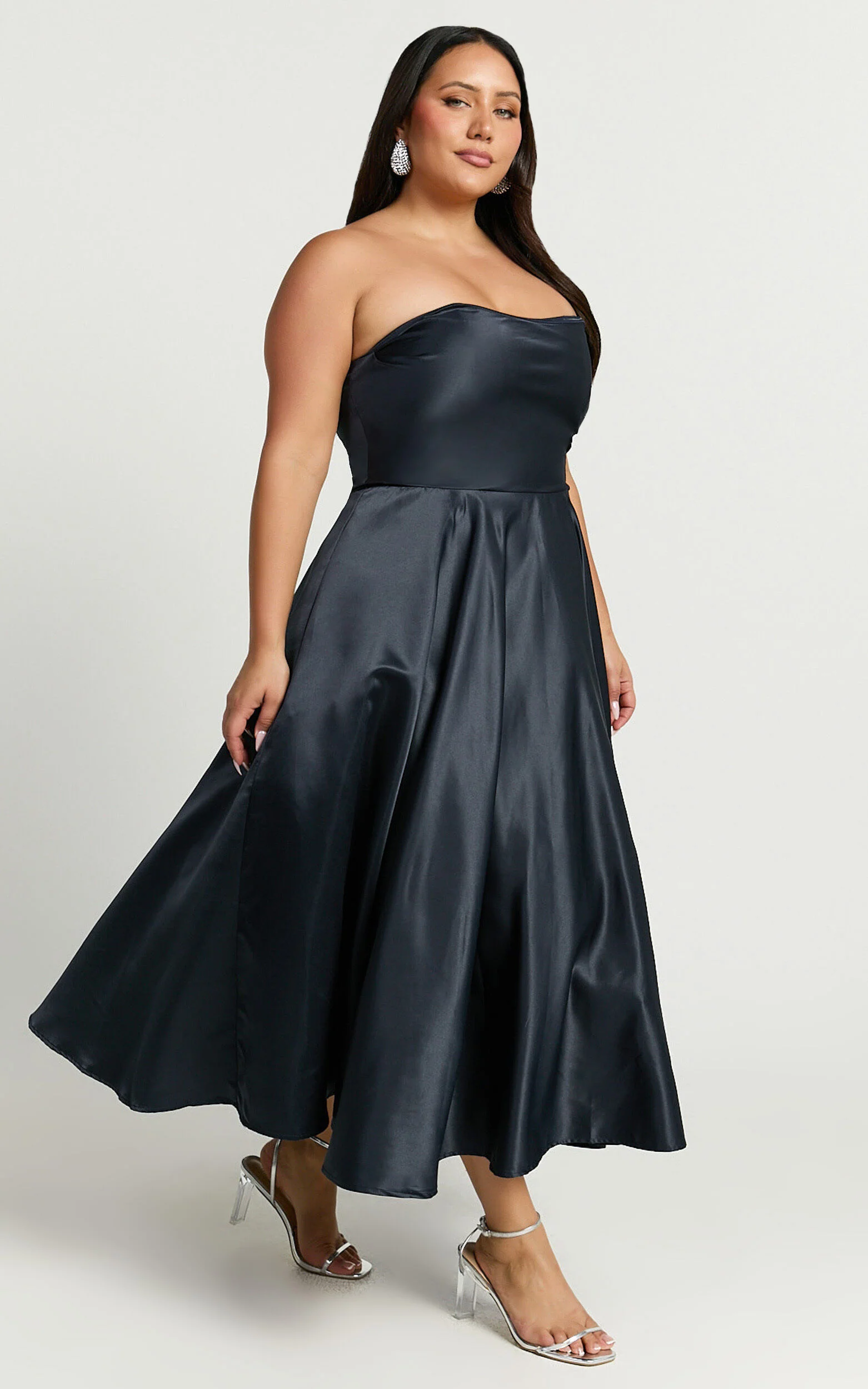 Helaina Midi Dress - Strapless A-Line Satin Dress in Navy