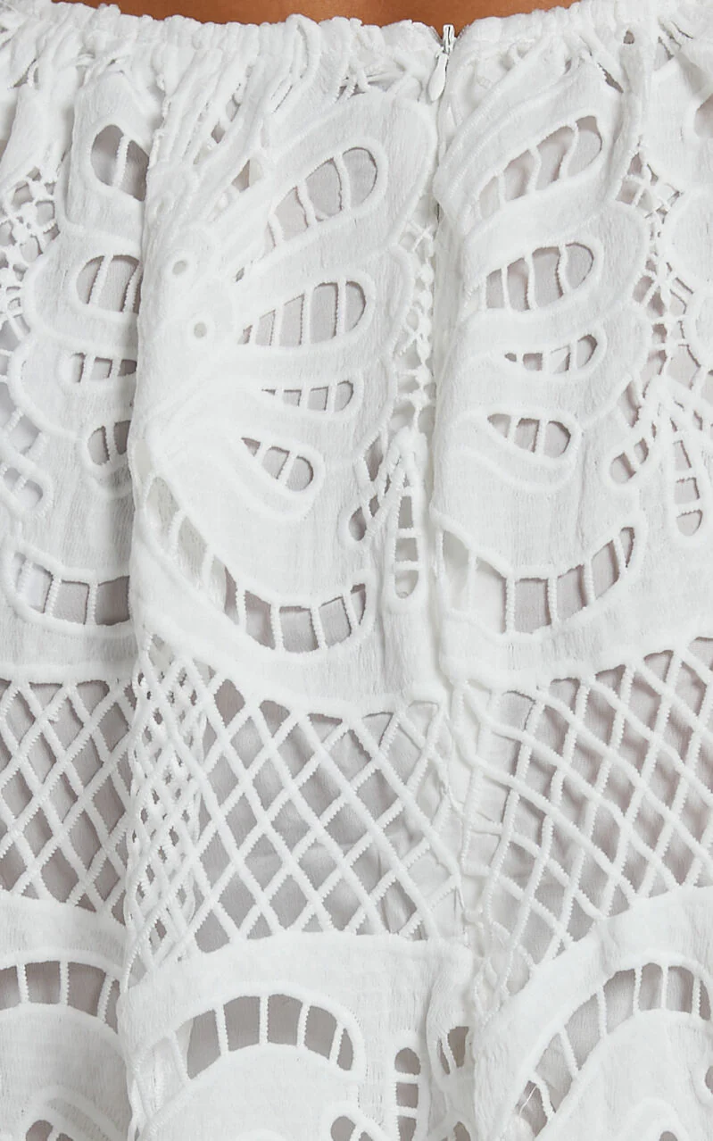 Anieshaya Midi Dress - V Neck Cut Out Lace Dress in White