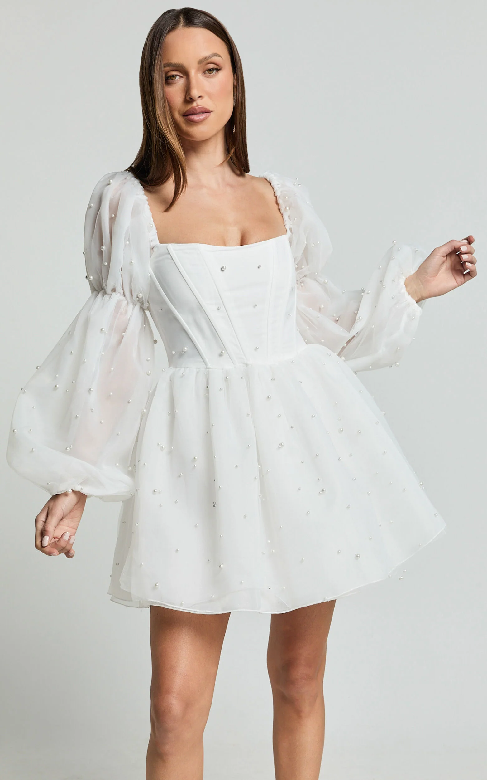 Ingrid Mini Dress - Long Puff Sleeve Pearl Detail Dress in White