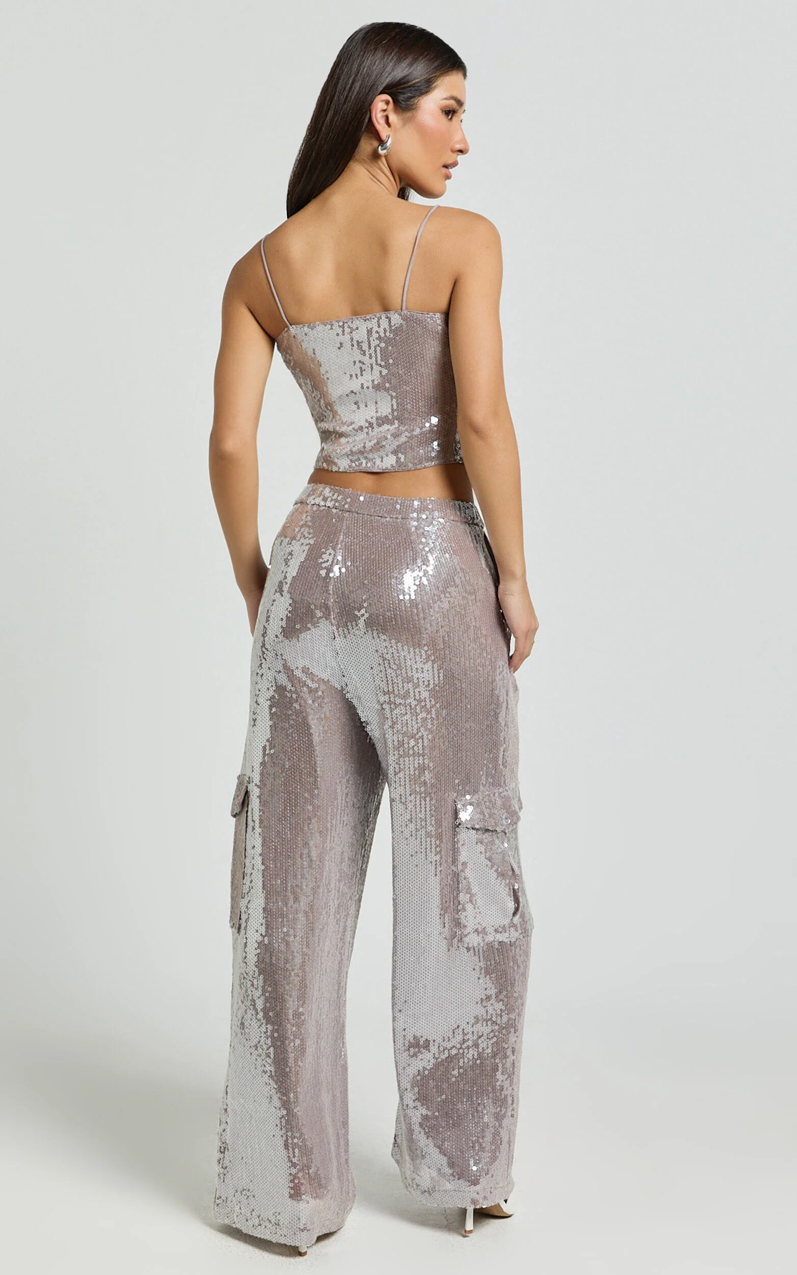Tricia Pants - Mid Waist Cargo Pocket Sequin Pants in Grey
