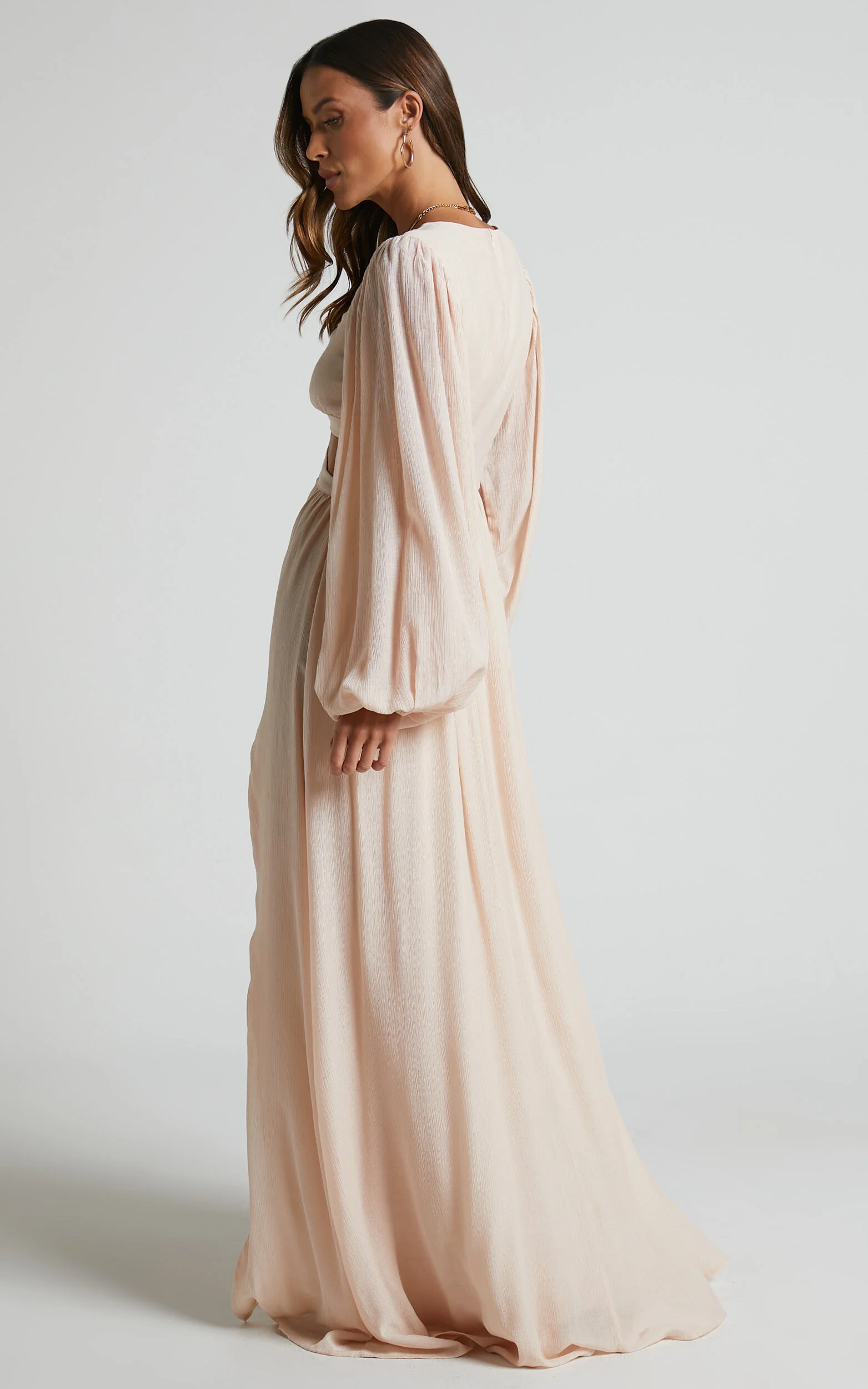 Paige Maxi Dress - Side Cut Out Balloon Sleeve Dress in Neutral