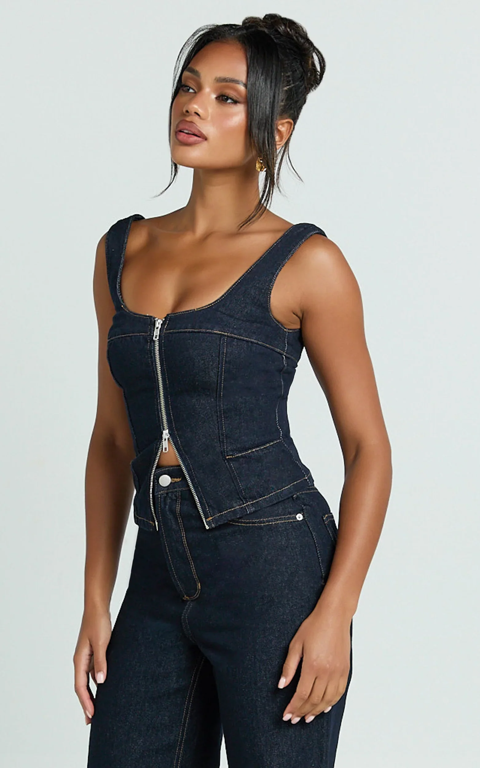 Bellerose Top - Front Zip Denim Fitted Top in Raw Denim with Tobacco Stitch