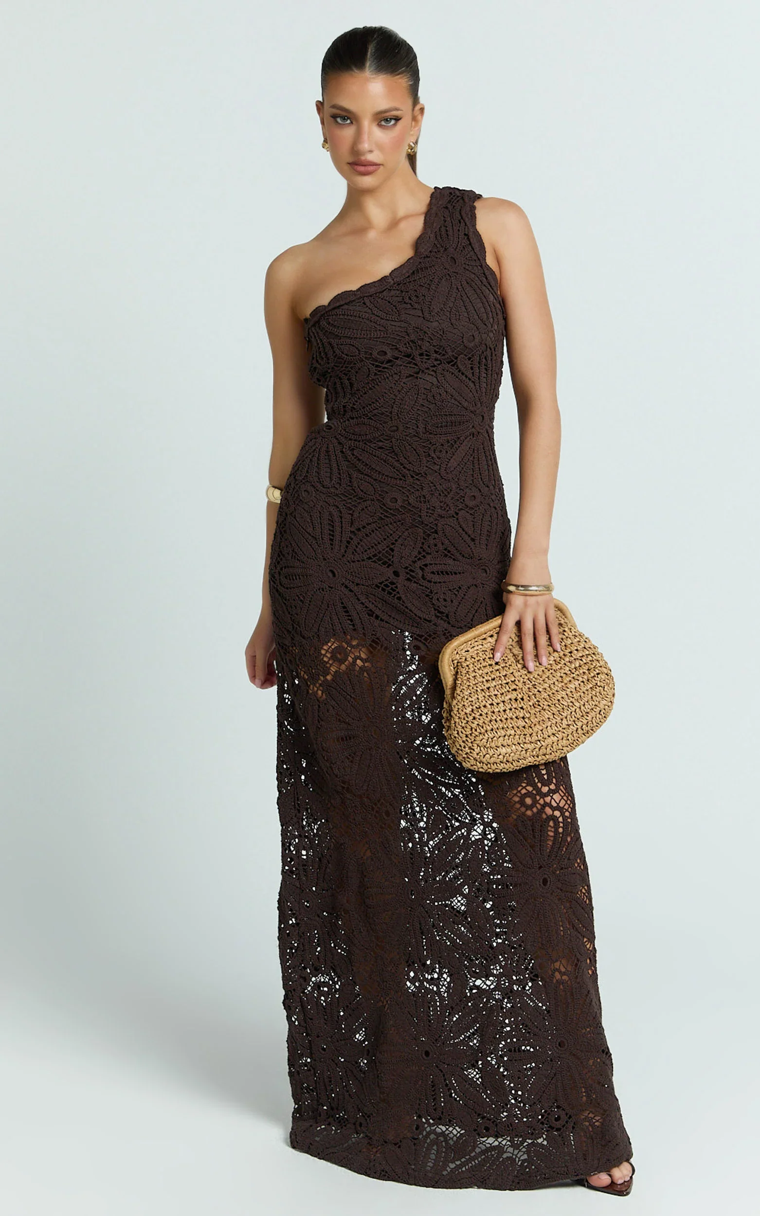 Charlene Maxi Dress - Crochet Knitted One Shoulder Maxi Dress in Chocolate