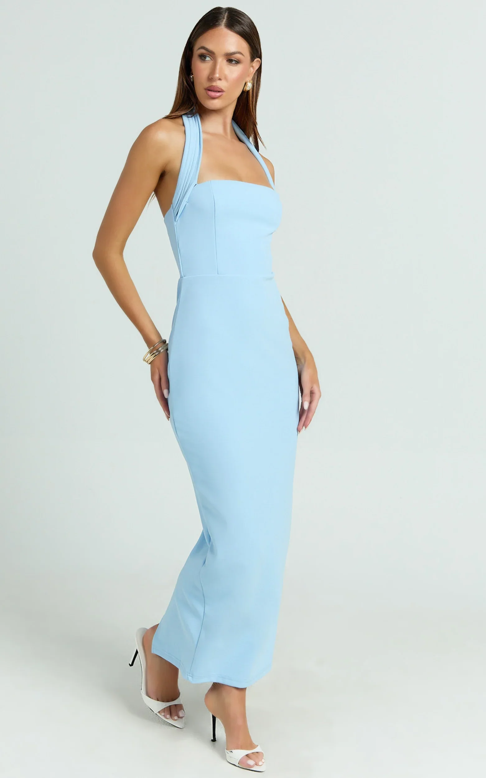 Salome Midi Dress - Halter Neck Column Dress in Blue