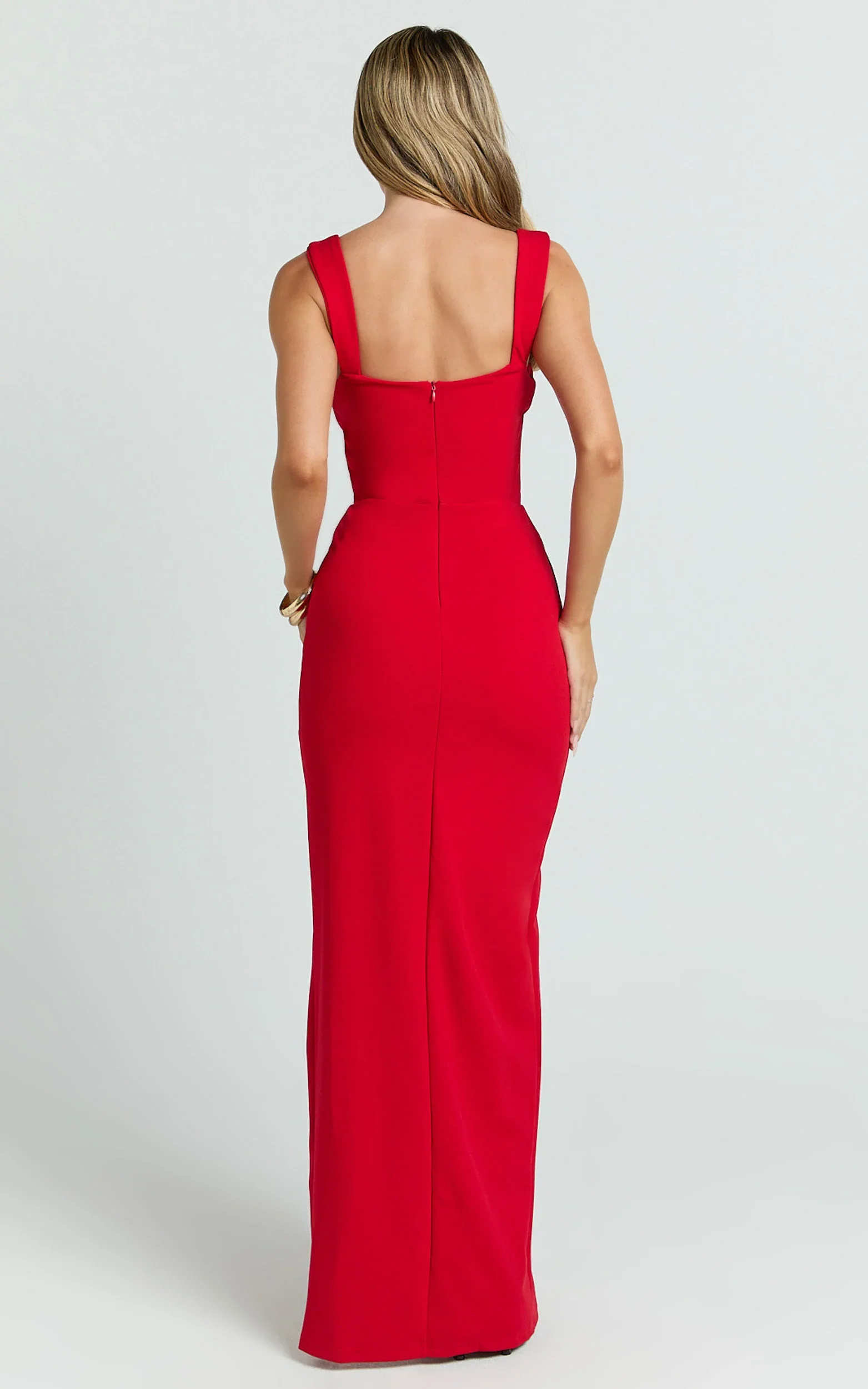 Donna Maxi Dress - Cowl Neck Column High Split Dress in Red