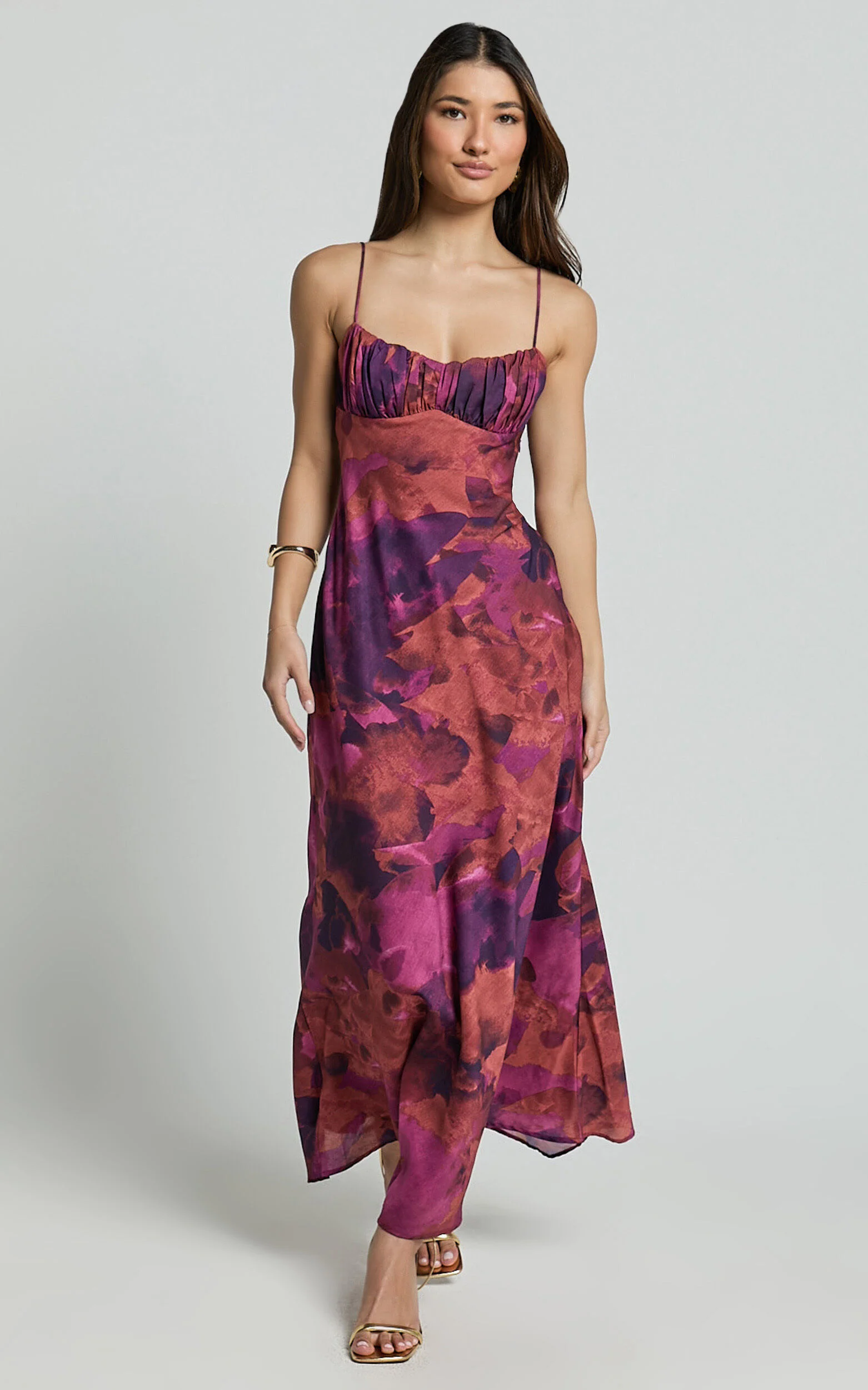 Giselli Midi Dress - Adjustable Strap Ruched Bust Dress in Dark Rose Print