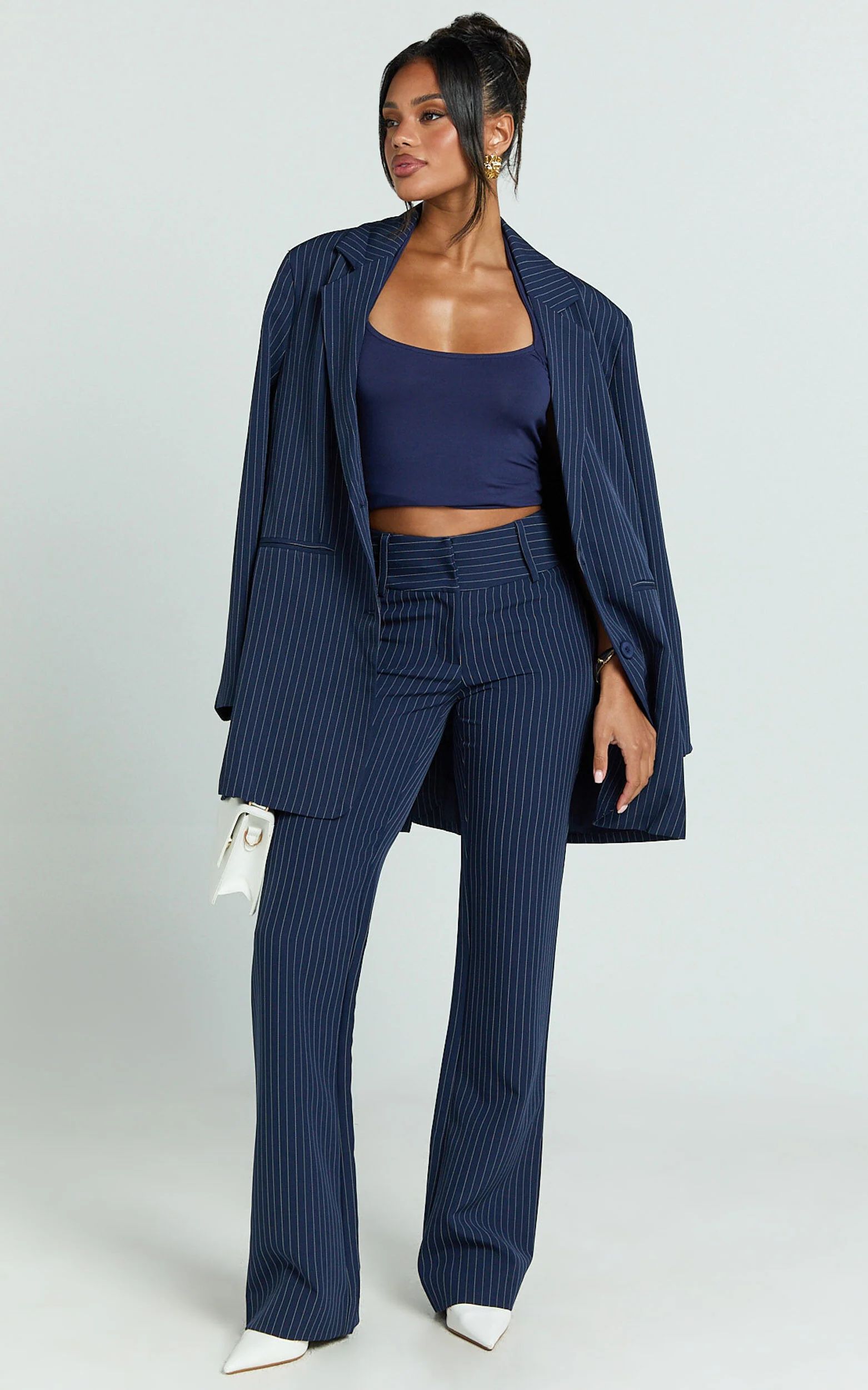 Elliot Pants - Mid Rise Pinstripe Bootleg Pants in Navy