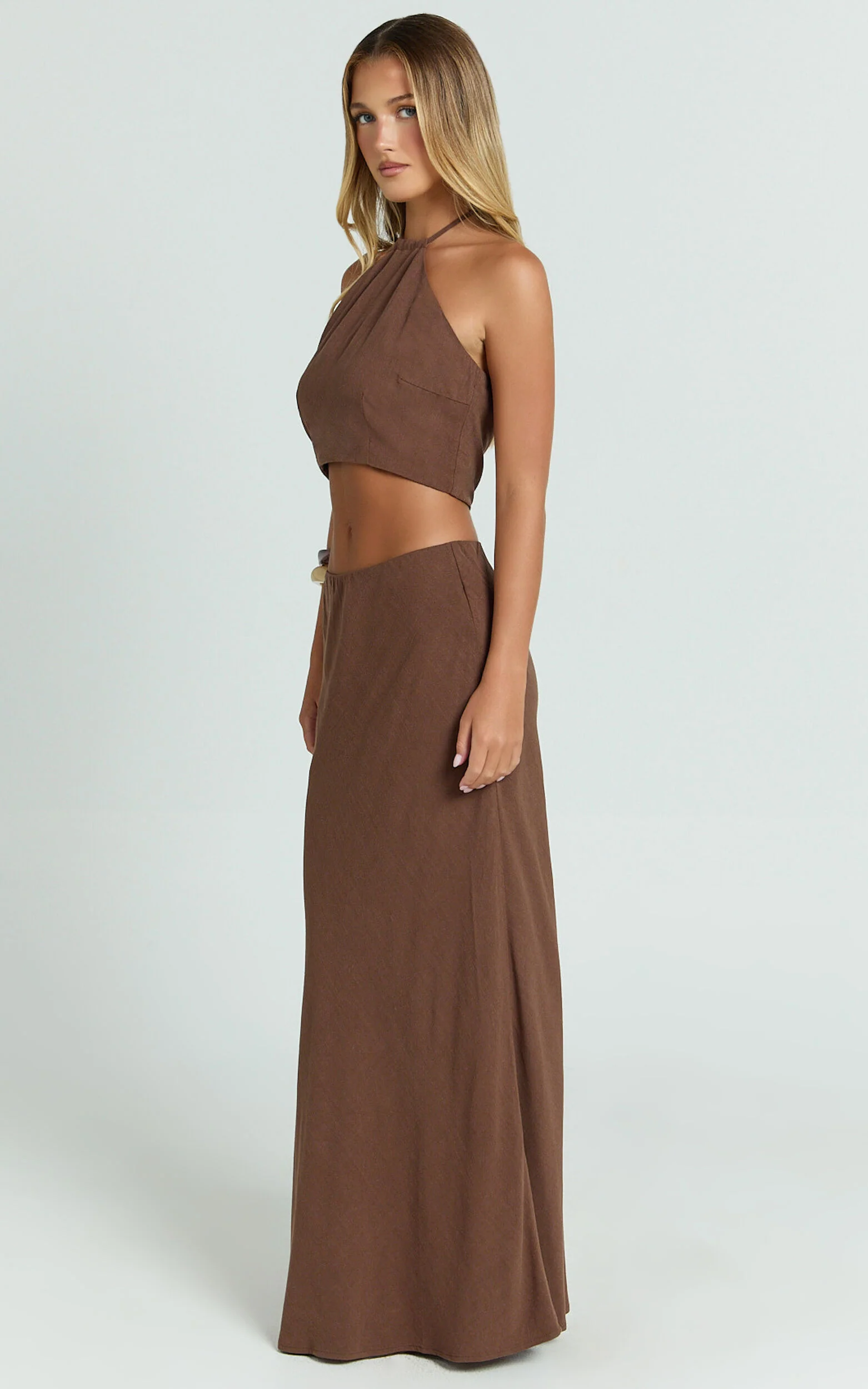 Chelsea Two Piece Set - Linen Halter Neck Top and Bias Cut Sheer Maxi Skirt in Chocolate