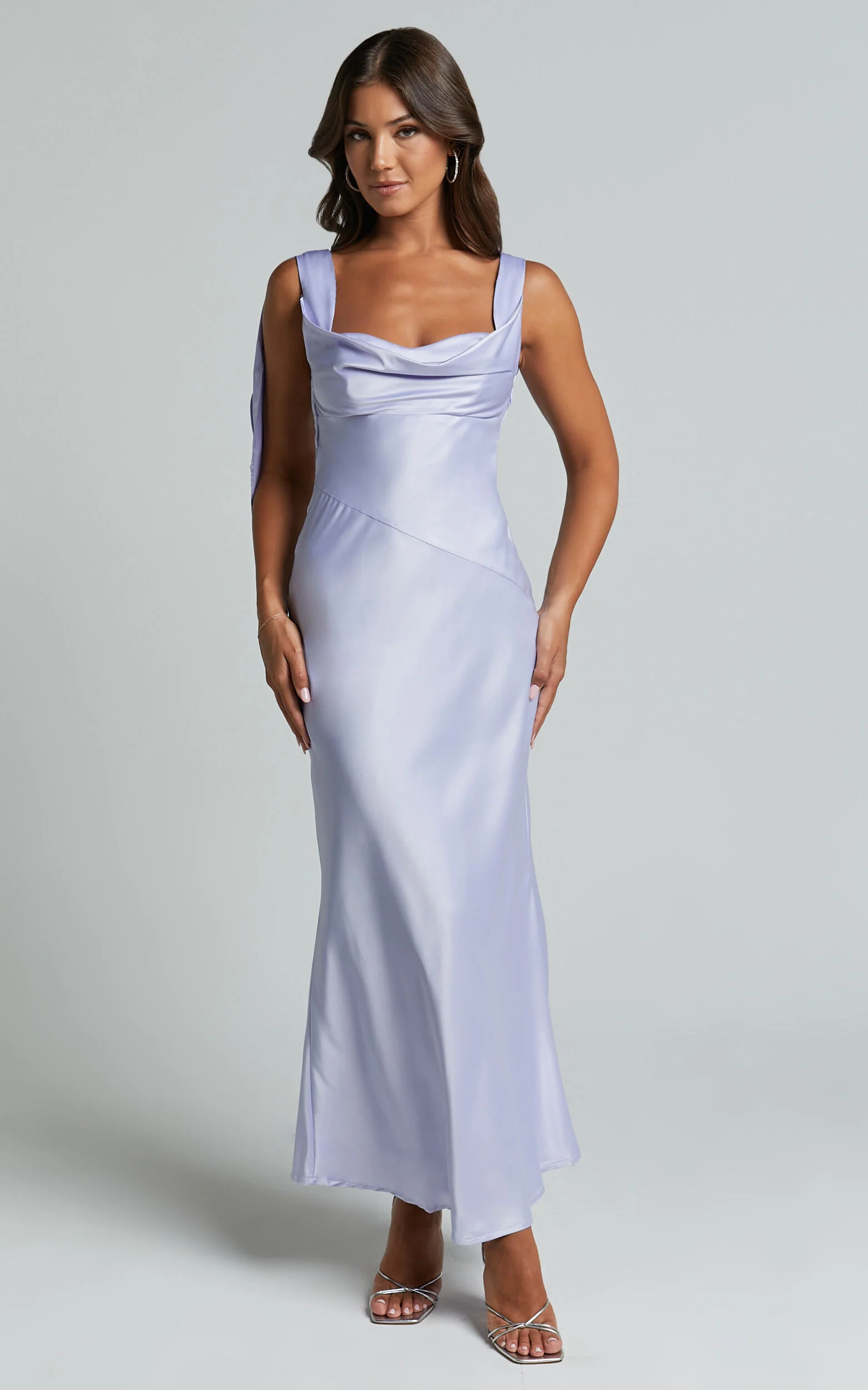 Cecilia Midi Dress - Cowl Neck Satin Bias Cut Dress in Lilac