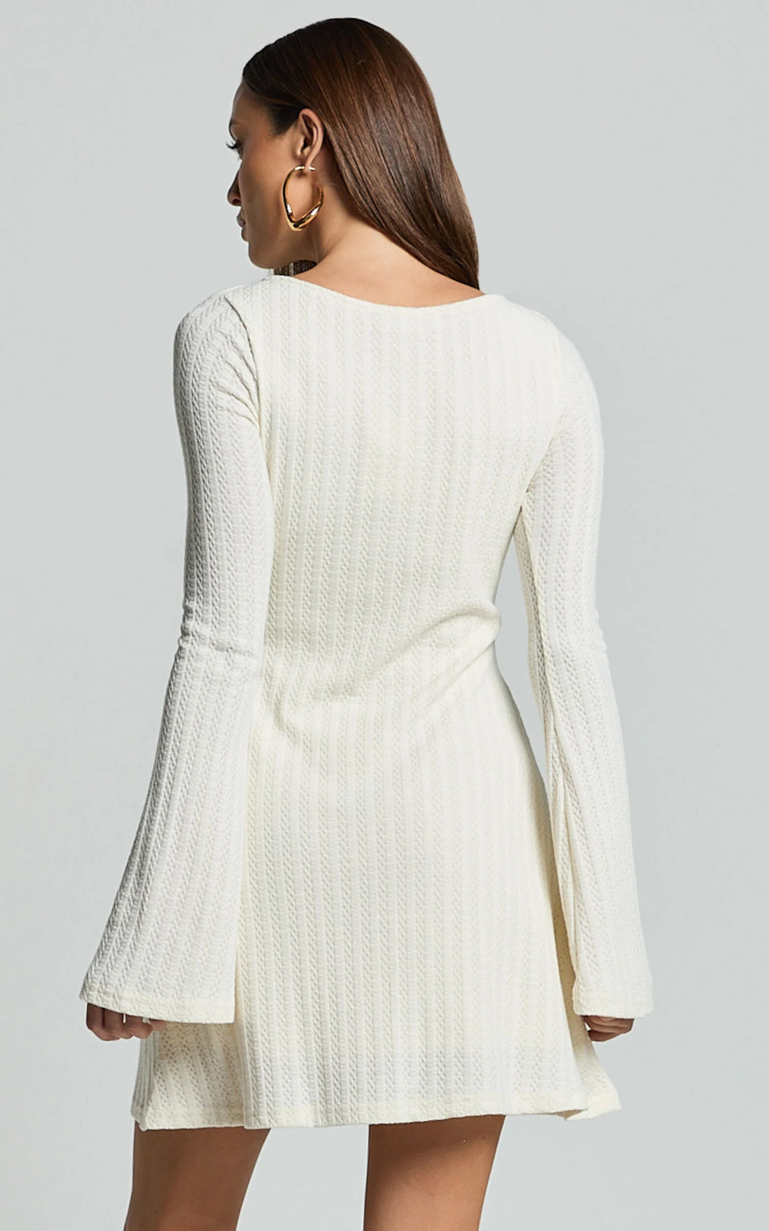 Melissa Mini Dress - Flared Long Sleeve A Line Dress in Off White