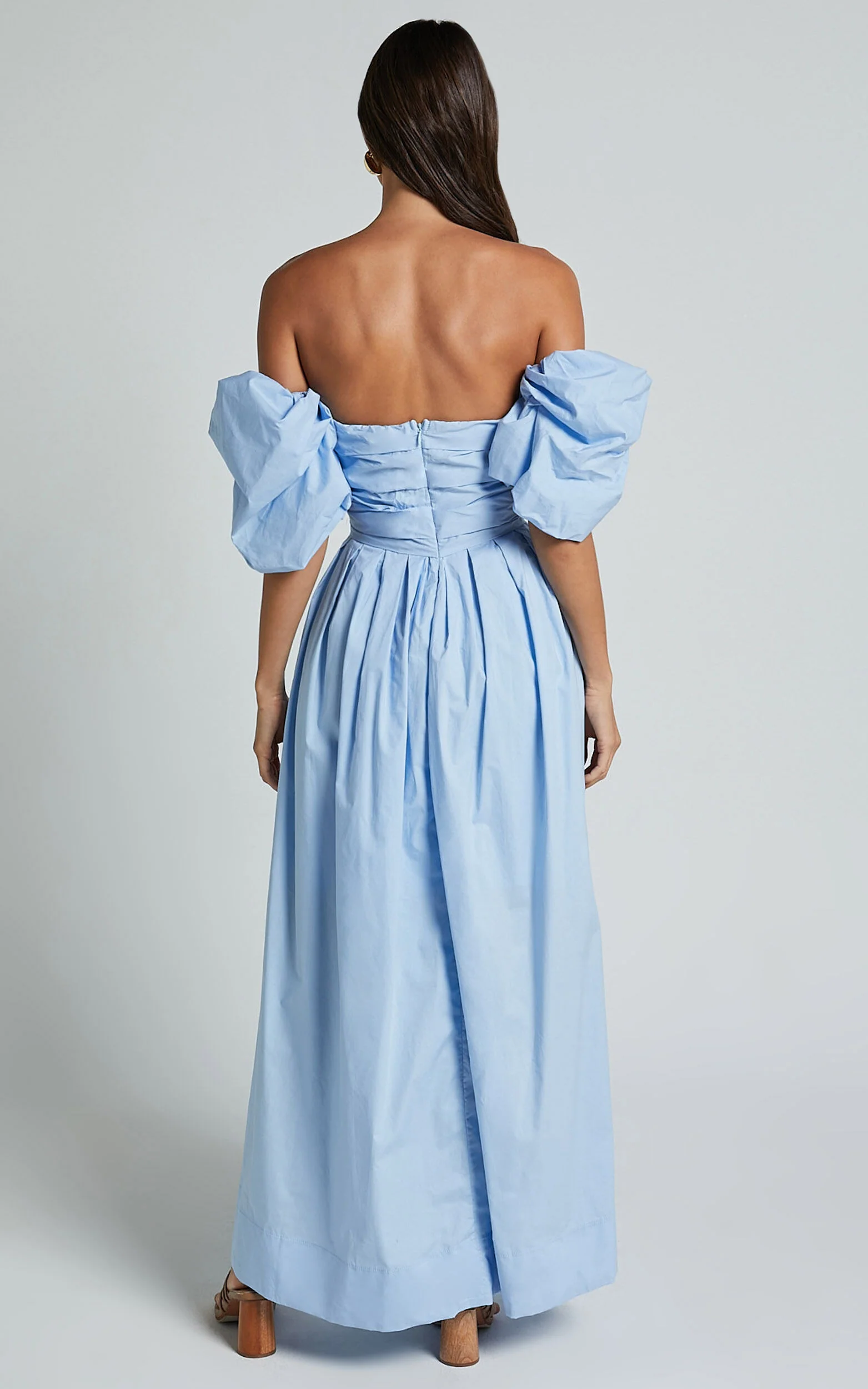Annie Midi Dress - Off The Shoulder Ruffle Sleeve Pleated Dress in Pale Blue