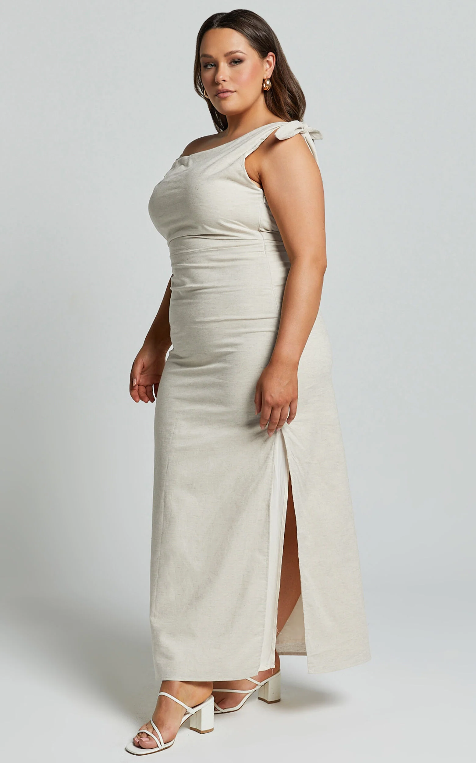 Cincinnati Midi Dress - Off The Shoulder Side Split Column Linen Dress in Beige