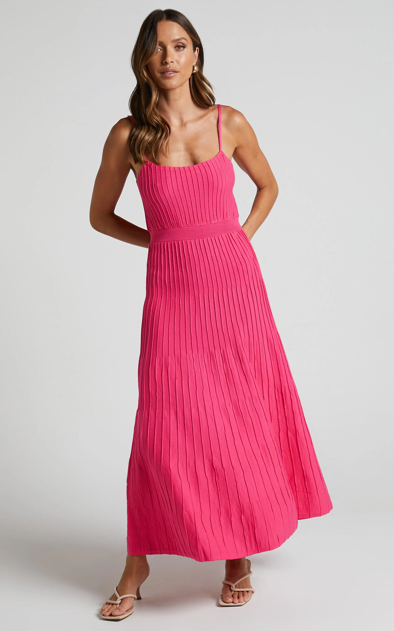 Donissa Midi Dress - Panelled Knit Dress in Hot Pink