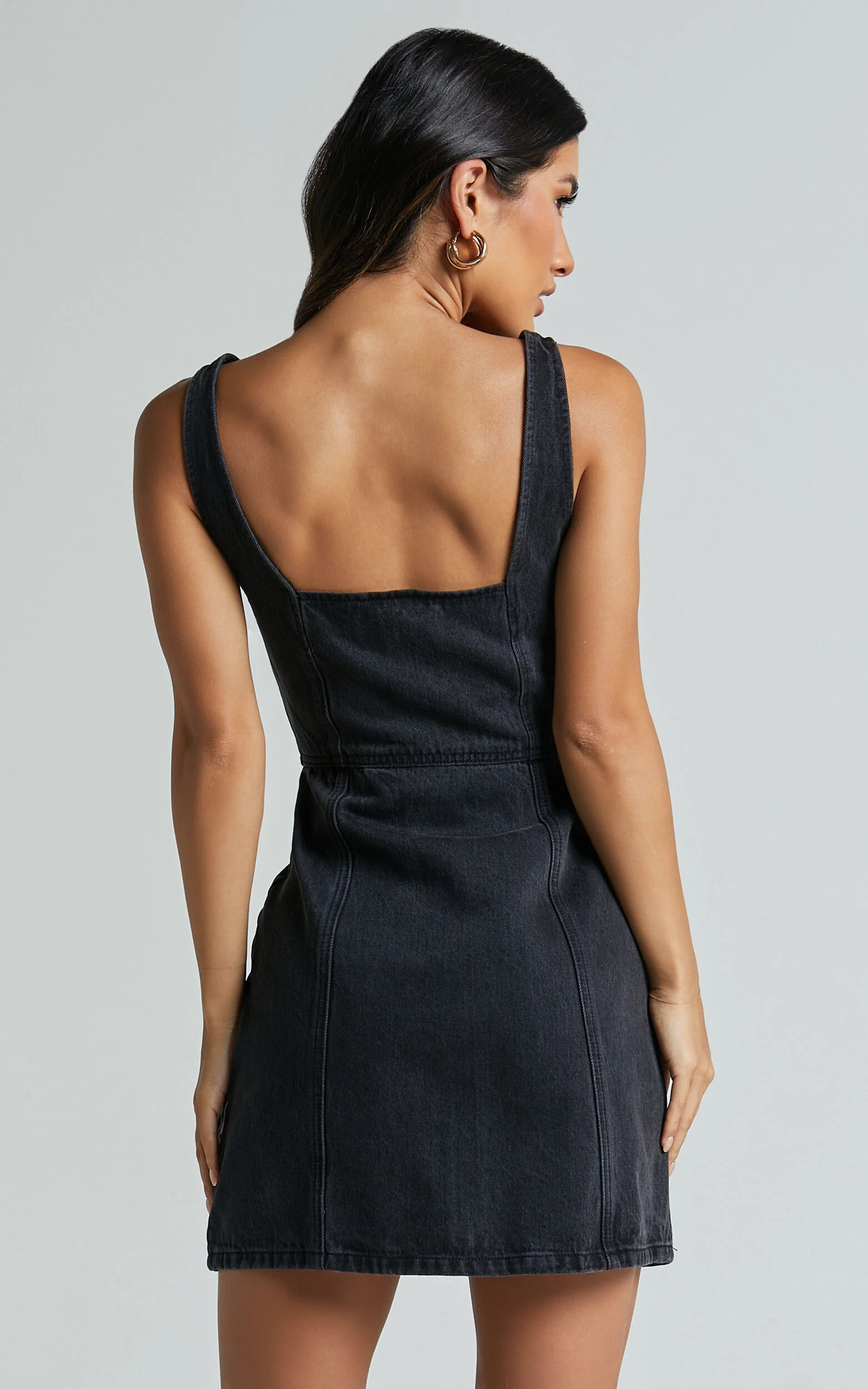 Chrysoula Mini Dress - Square Neck Zip Front Sleeveless Bodycon Denim in Washed Black