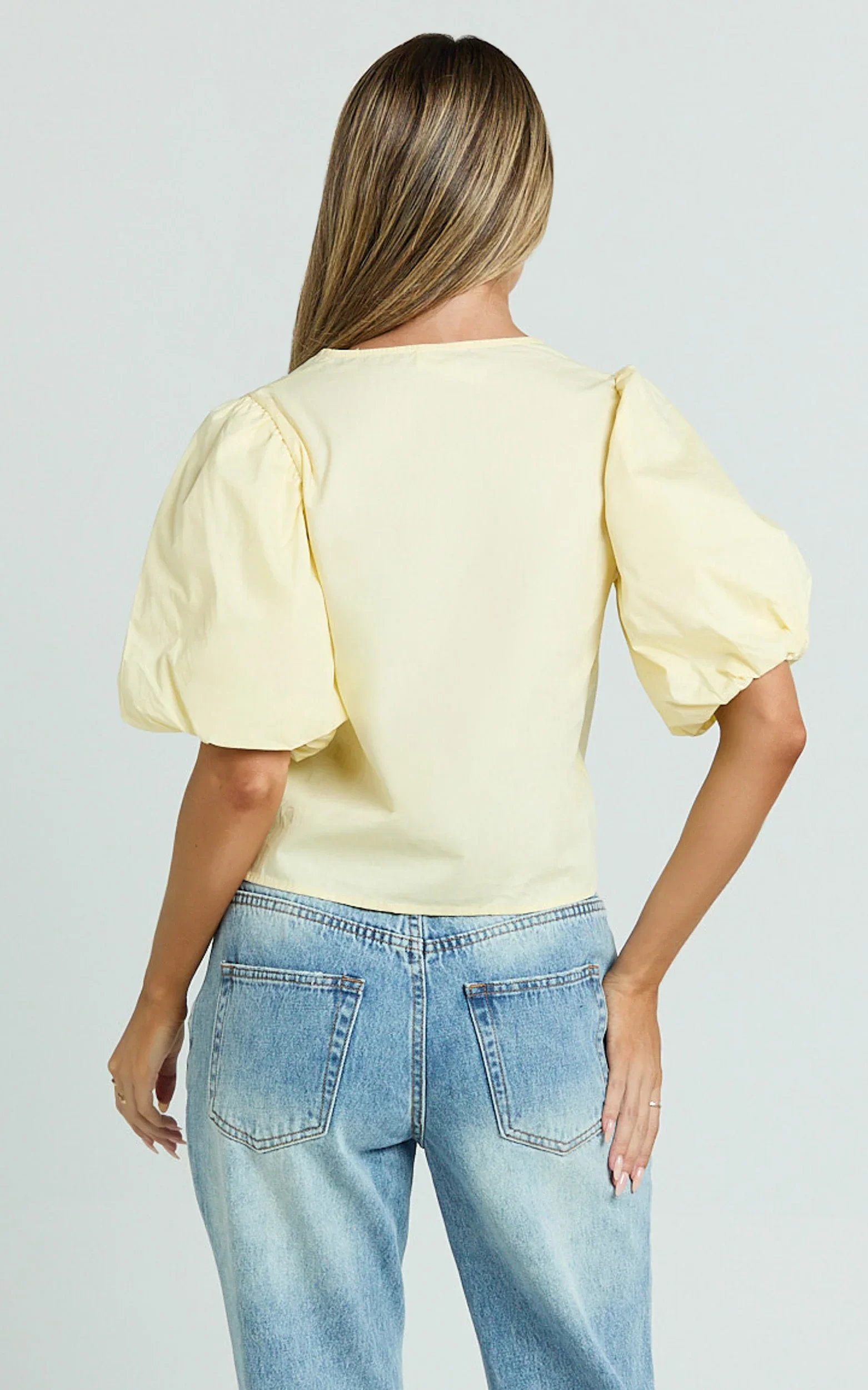 Dana Top - Bow Tie Front Puff Sleeve Blouse in Lemon