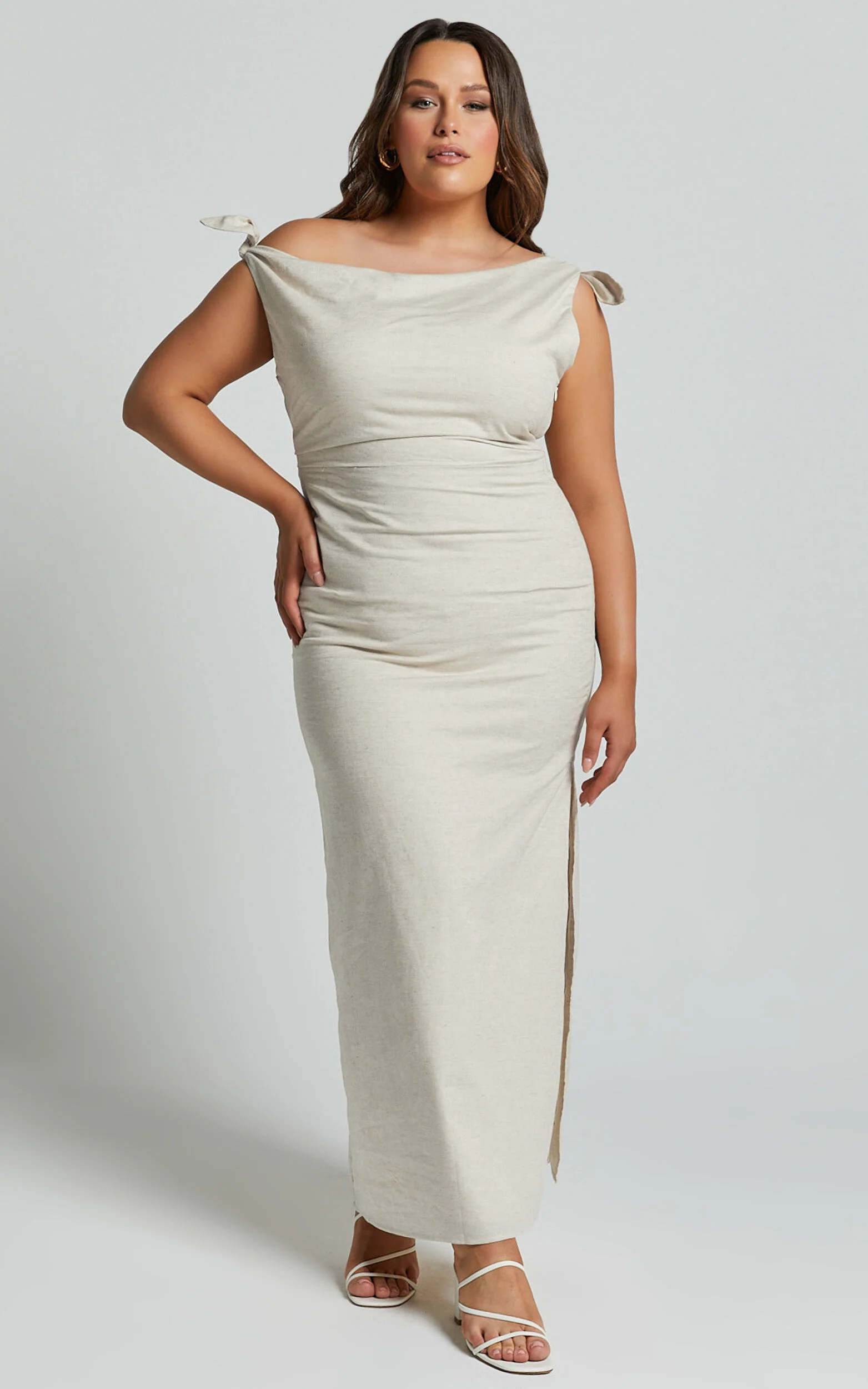 Cincinnati Midi Dress - Off The Shoulder Side Split Column Linen Dress in Beige