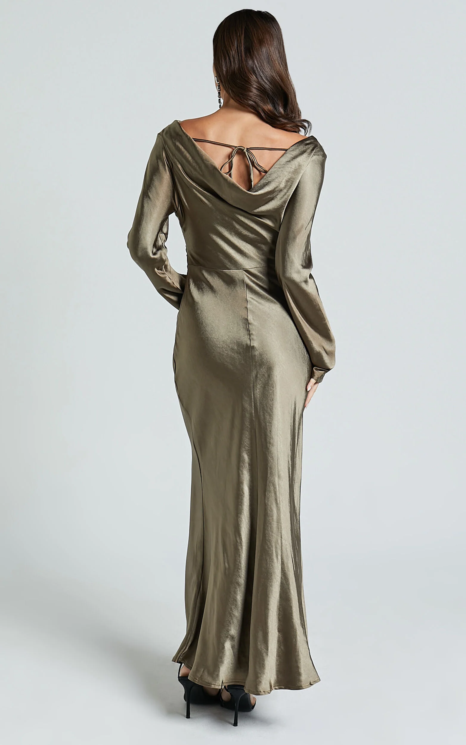 Arriana Midi Dress - Long Sleeve Cowl Back Satin Dress in Dark Olive
