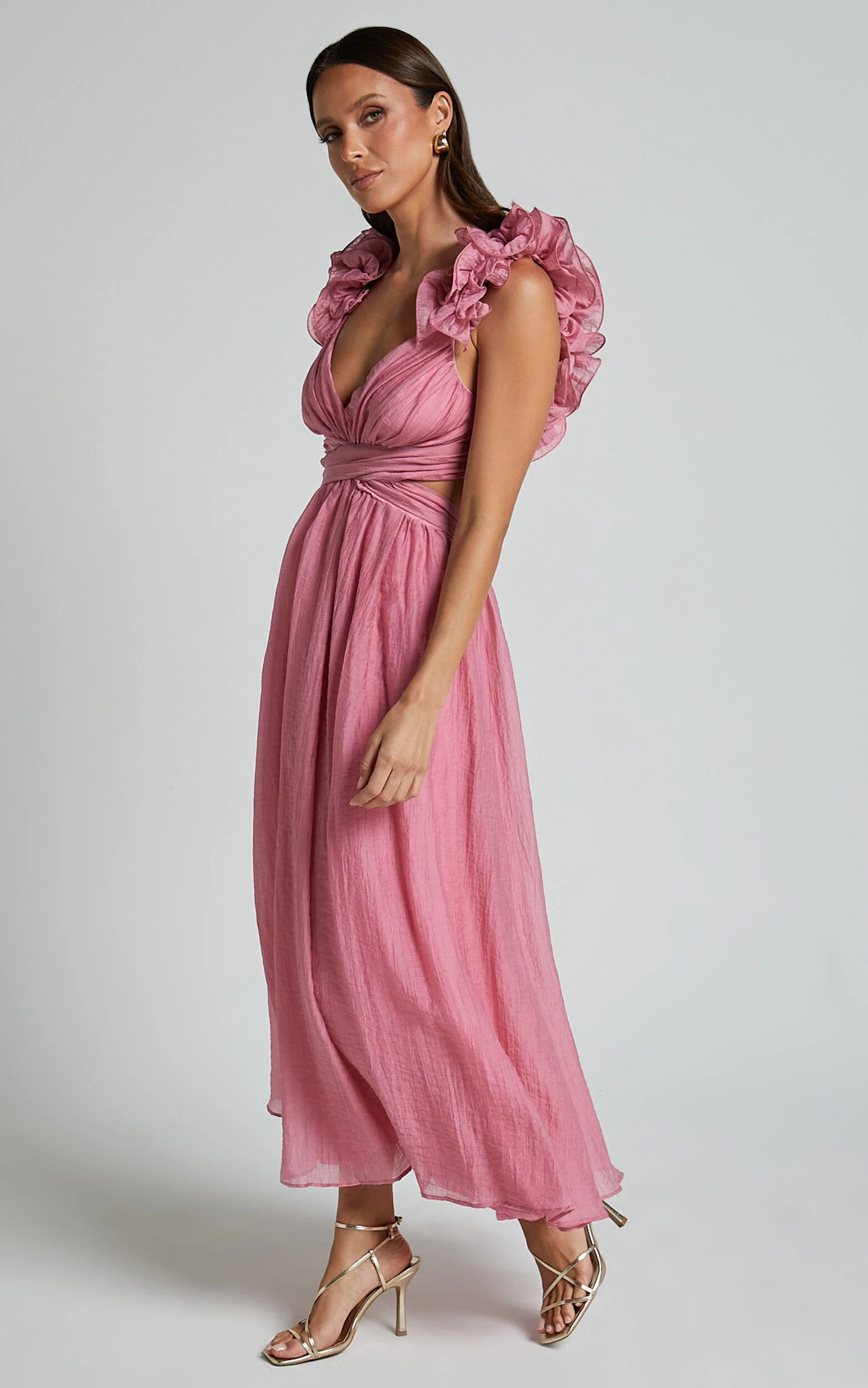 Marielly Midi Dress - Side Cut Out V Neck Ruffle Detail Sleeve Dress in Pink