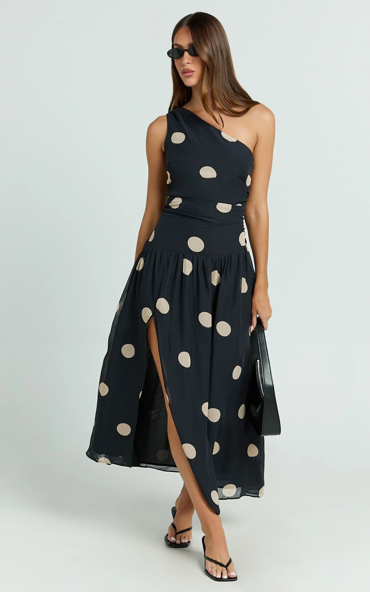 Darlynne Midi Dress - One Shoulder Dress in Black Polkadot