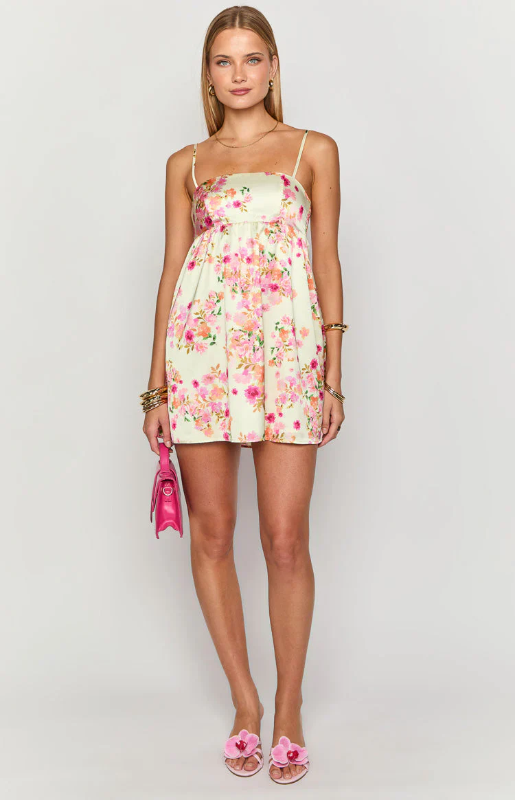 Elsa Yellow Bloom Satin Mini Dress