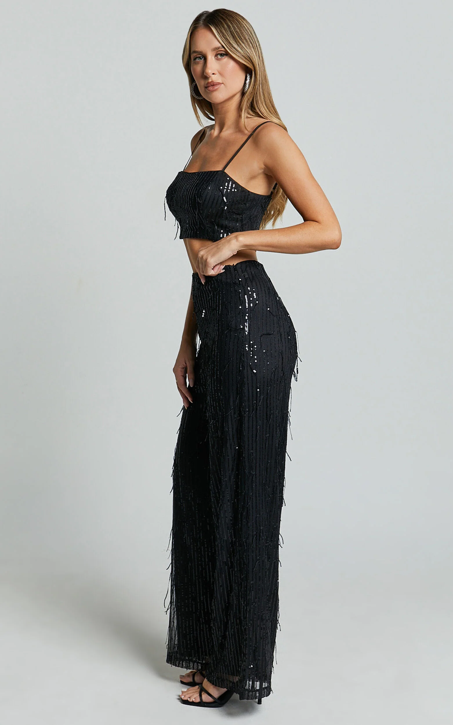 Claudette Pants - High Waist Wide Leg Fringe Sequin Pants in Black