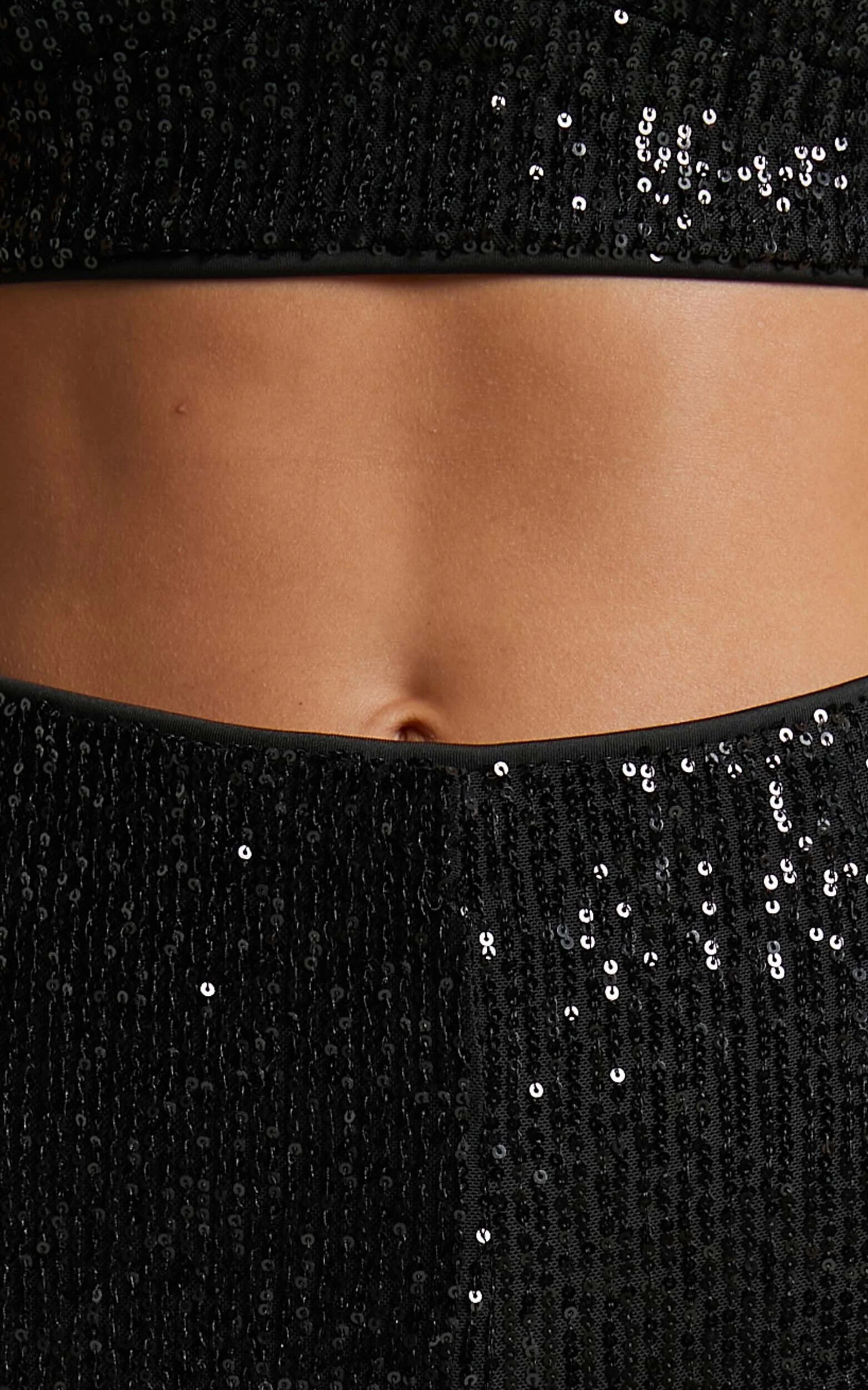 Abela Two Piece Set - Crop Top and Wide Leg Pants Set in Black Sequin