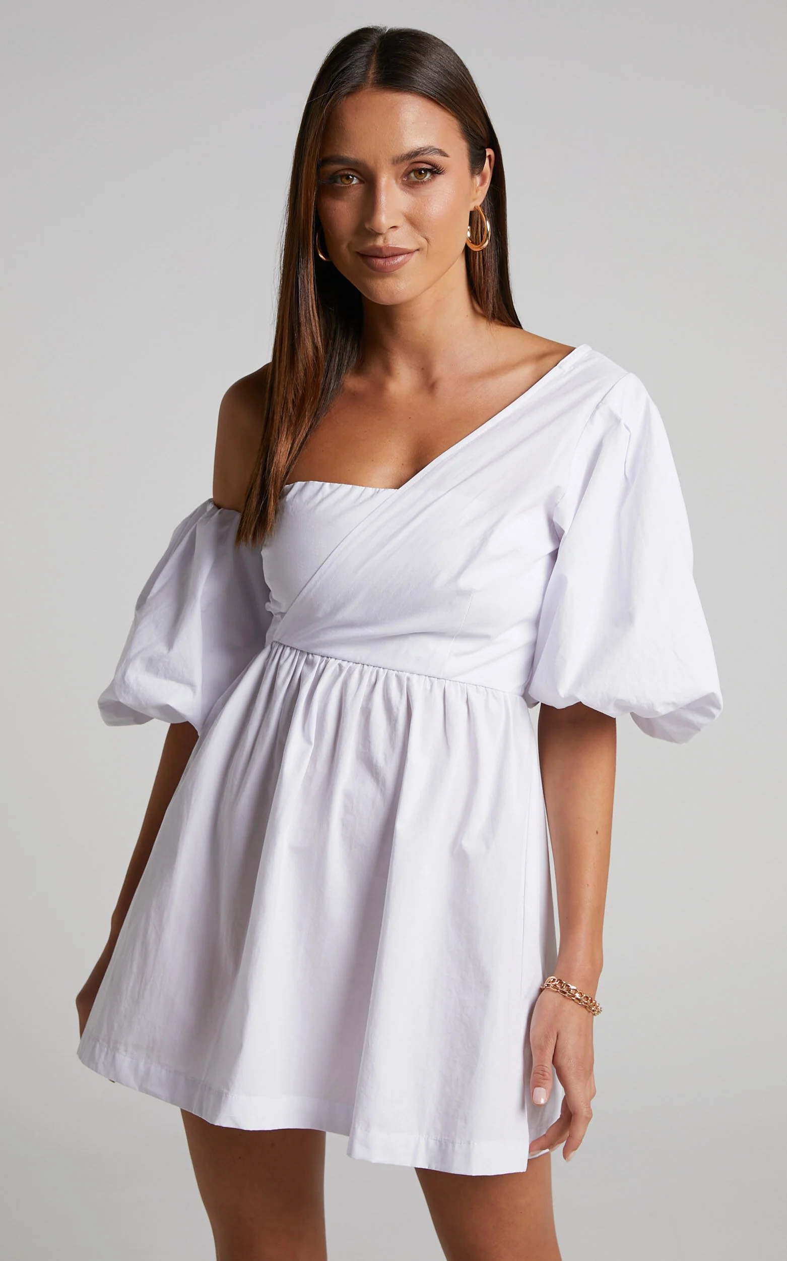 Sula Mini Dress - Asymmetric Off One Shoulder Puff Sleeve Dress in White