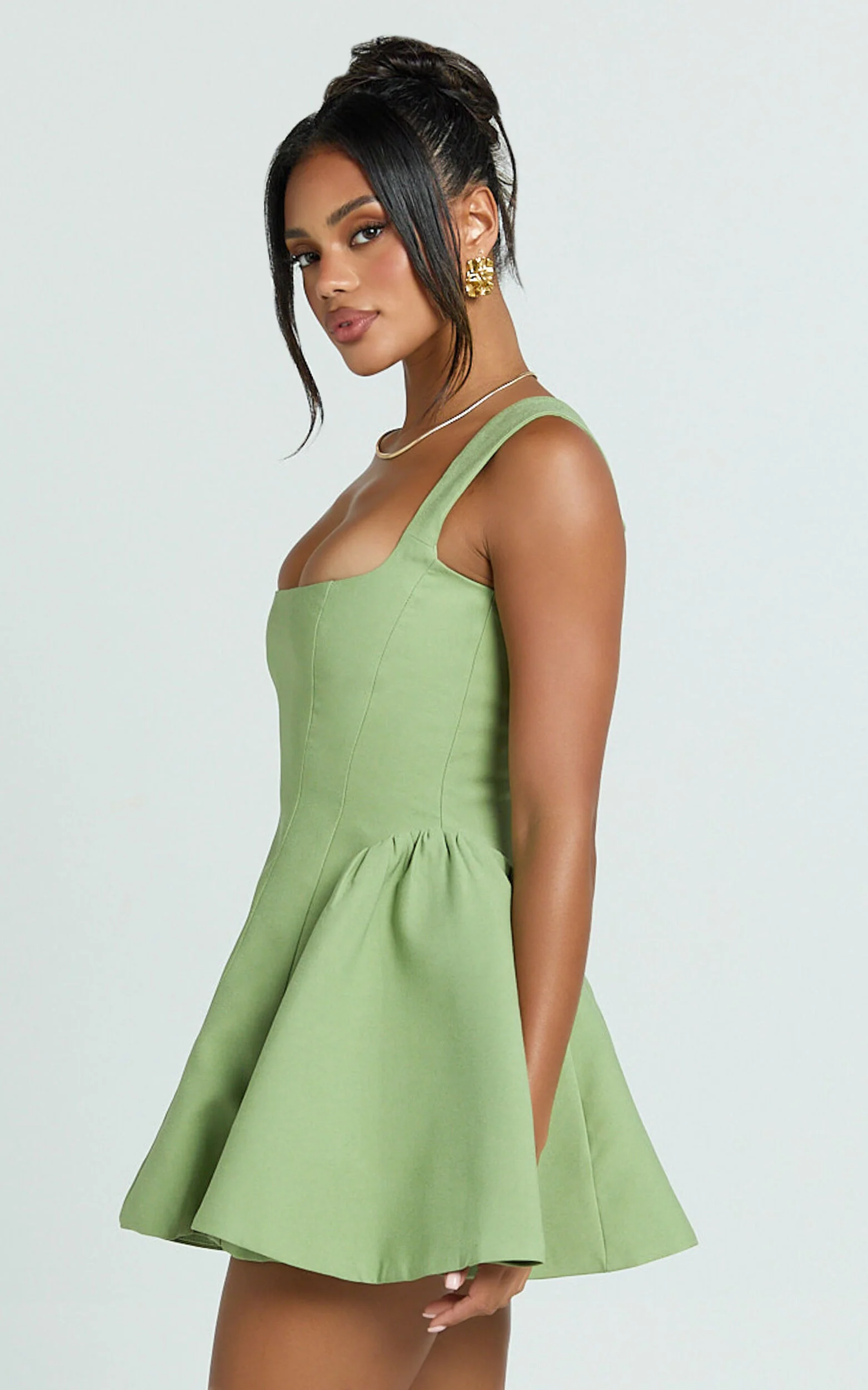 Kailee Mini Dress - Wide Strap Square Neck Fit And Flare Tulip Dress in Sage