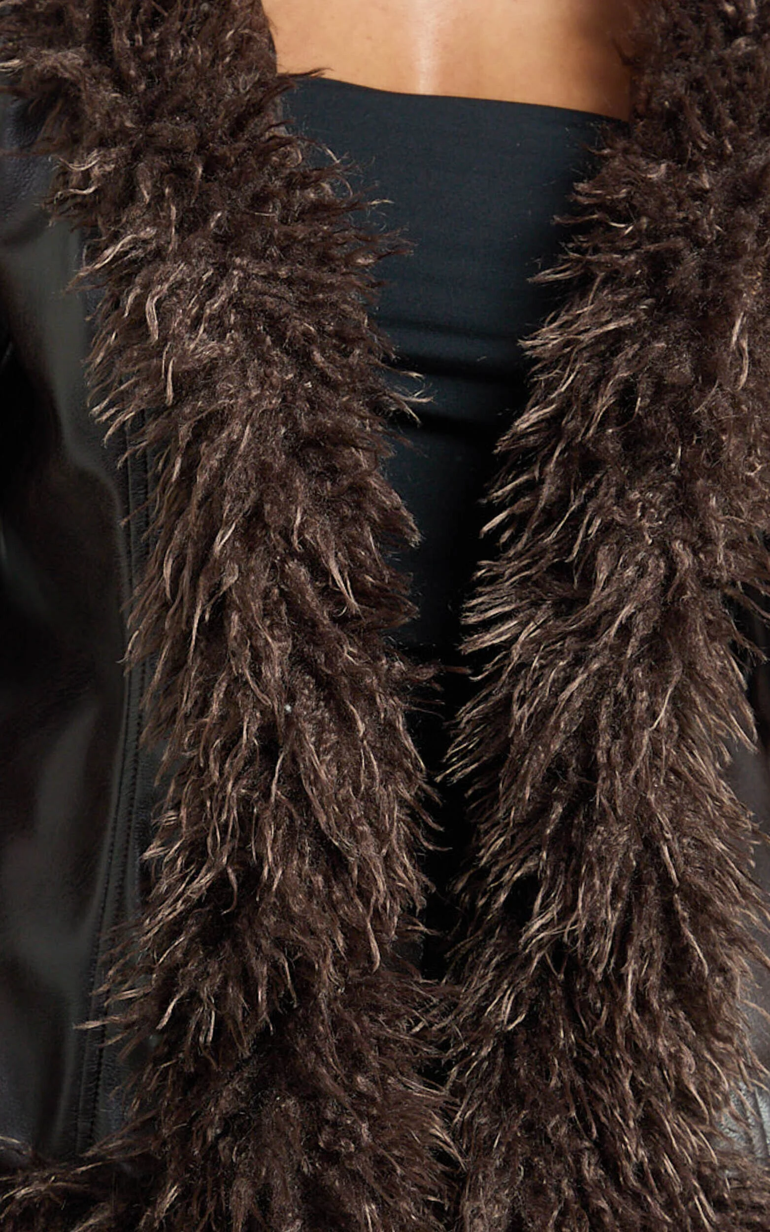 Eileen Coat - Faux Fur Trim Faux Leather Coat in Dark Brown