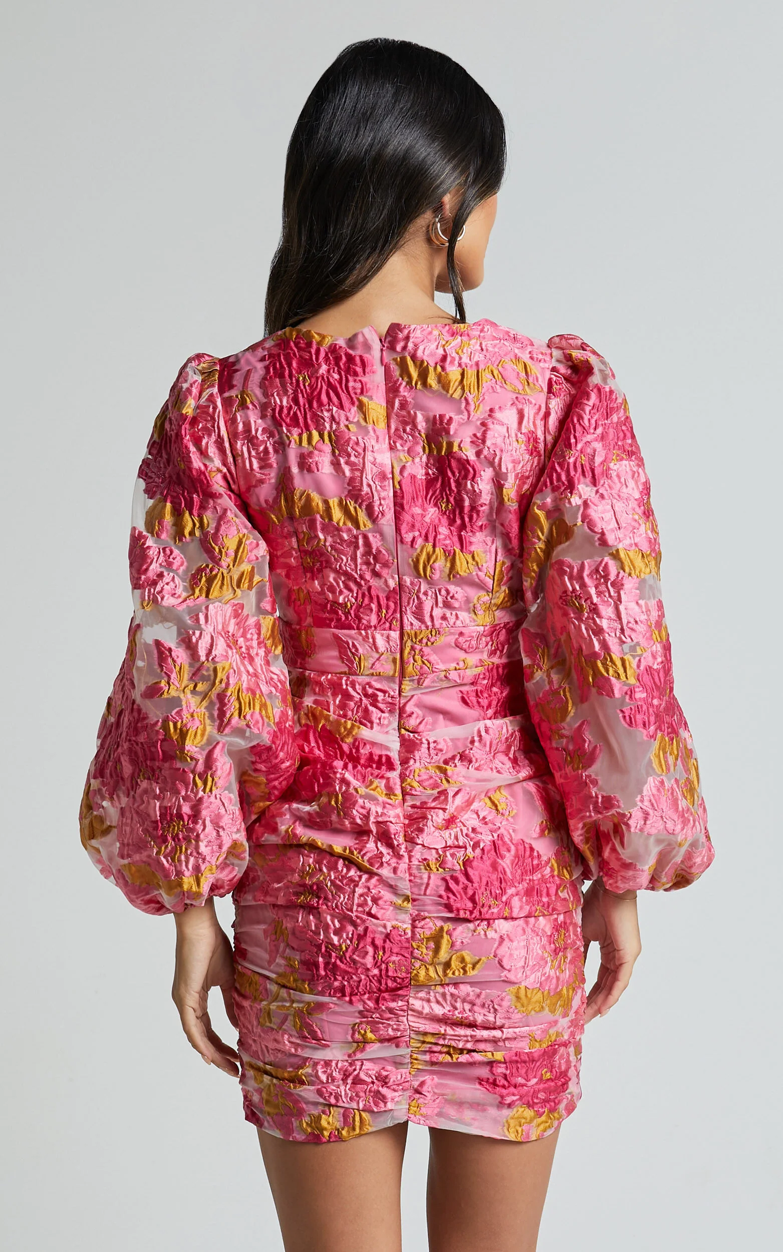 Farrah Mini Dress - Plunge Neck Long Sleeve Bodycon Dress in Pink