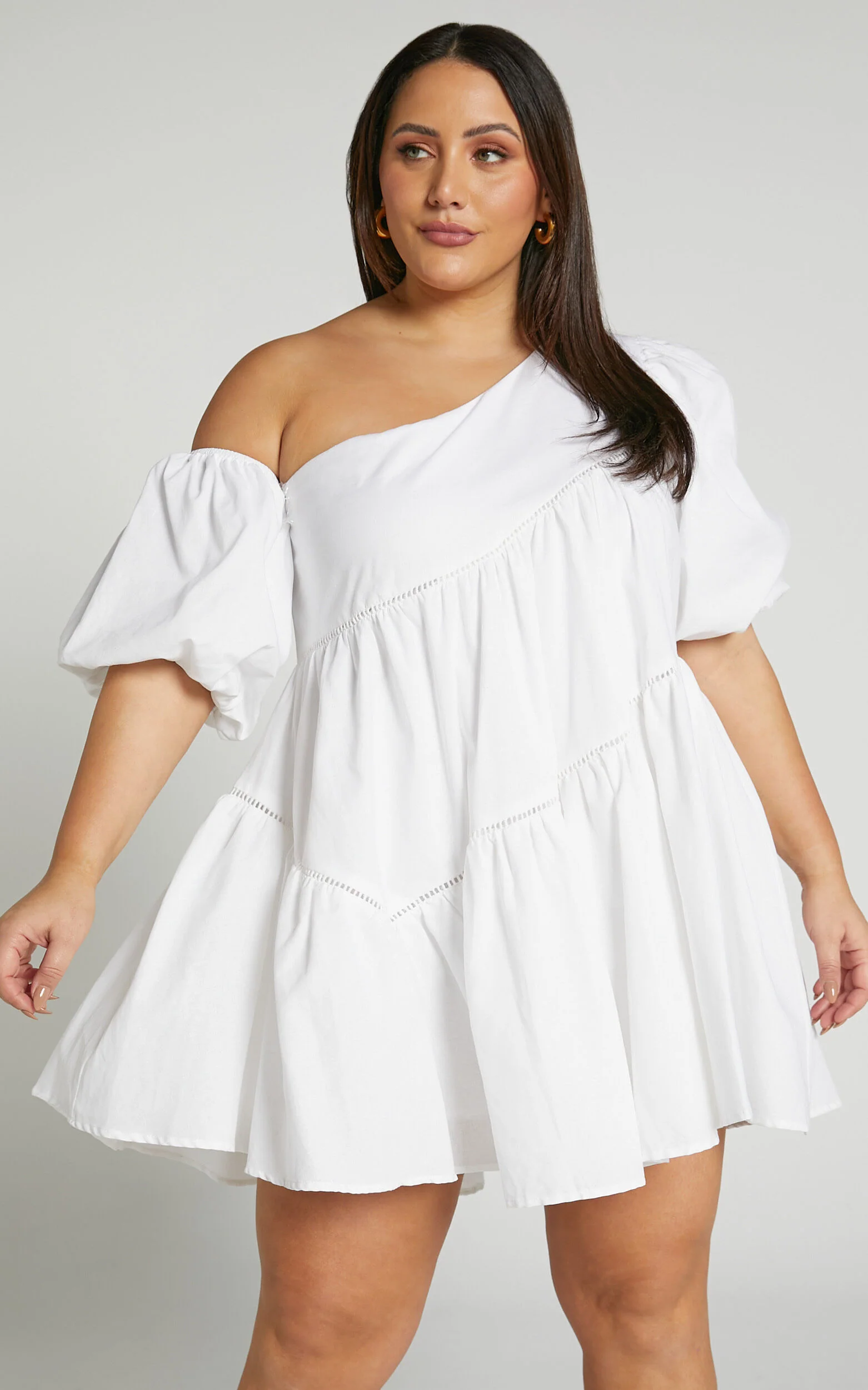 Harleen Mini Dress - Linen Asymmetrical Trim Puff Sleeve Dress in White