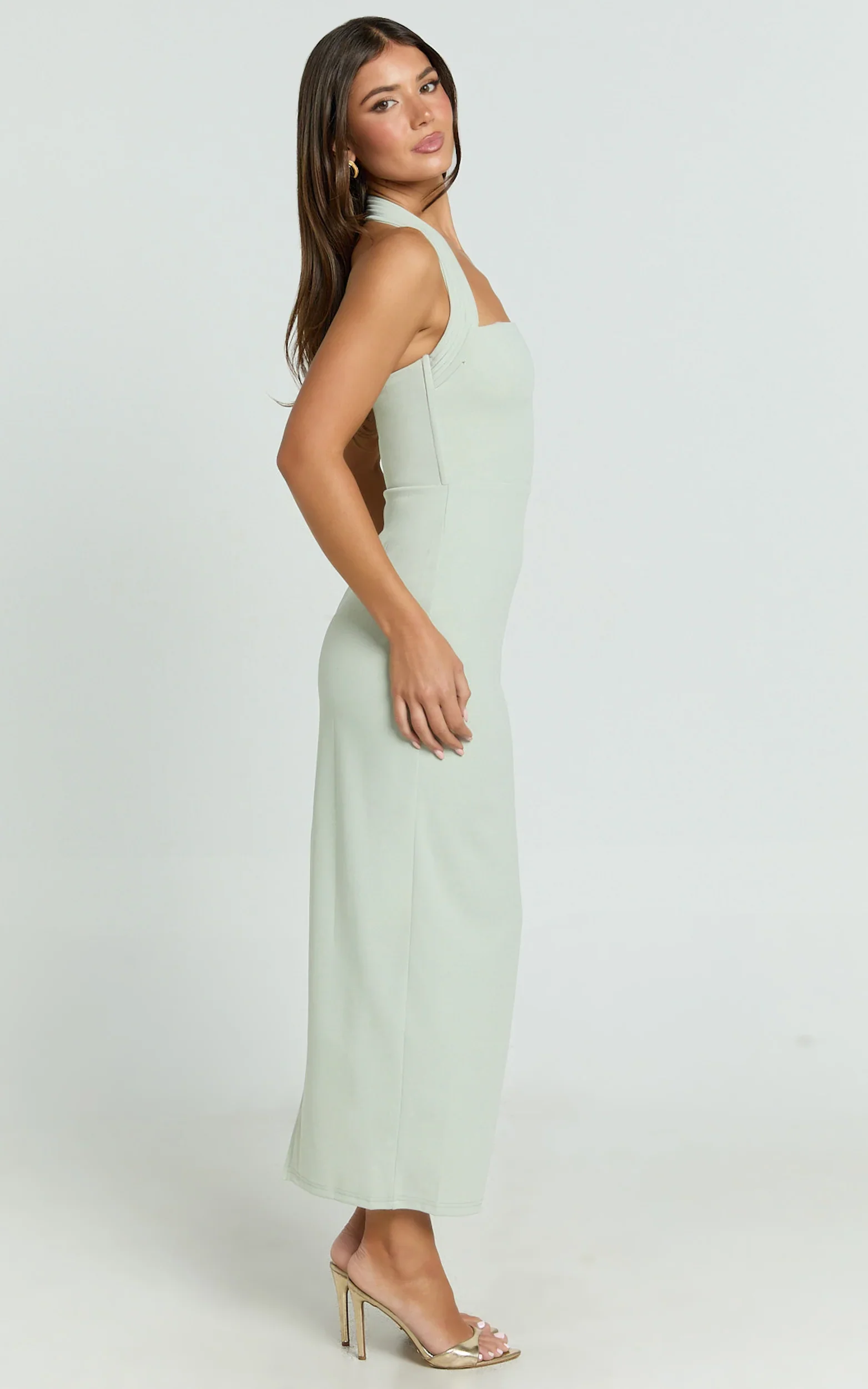 Salome Midi Dress - Halter Neck Column Dress in Sage