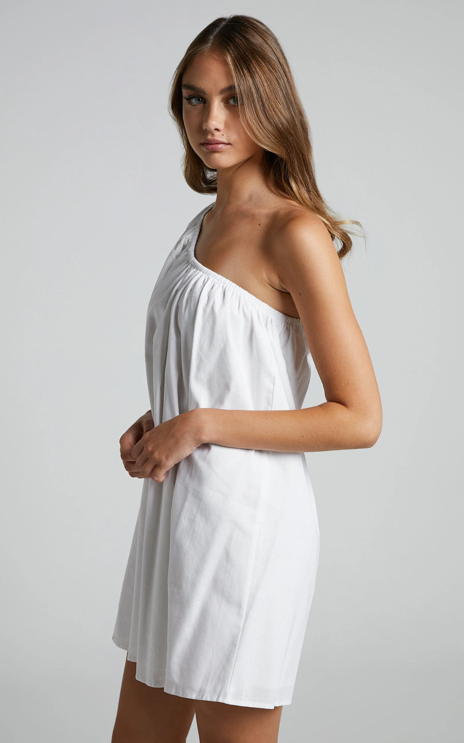 Estella Mini Dress - One Shoulder Puff Sleeve Shift Dress in White