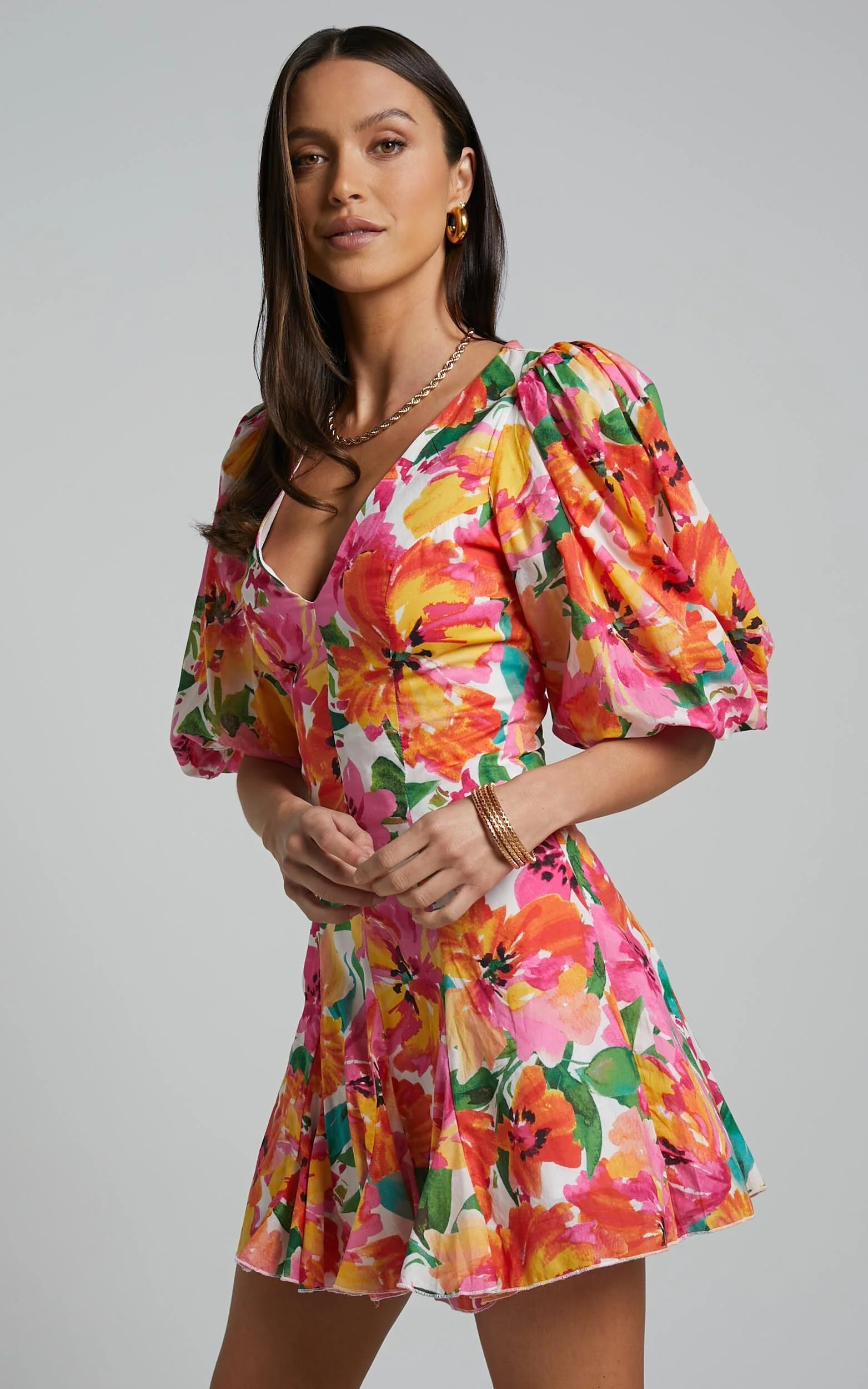 Shairah Mini Dress - V Neck Puff Sleeve Flutter Hem Dress in In Bloom