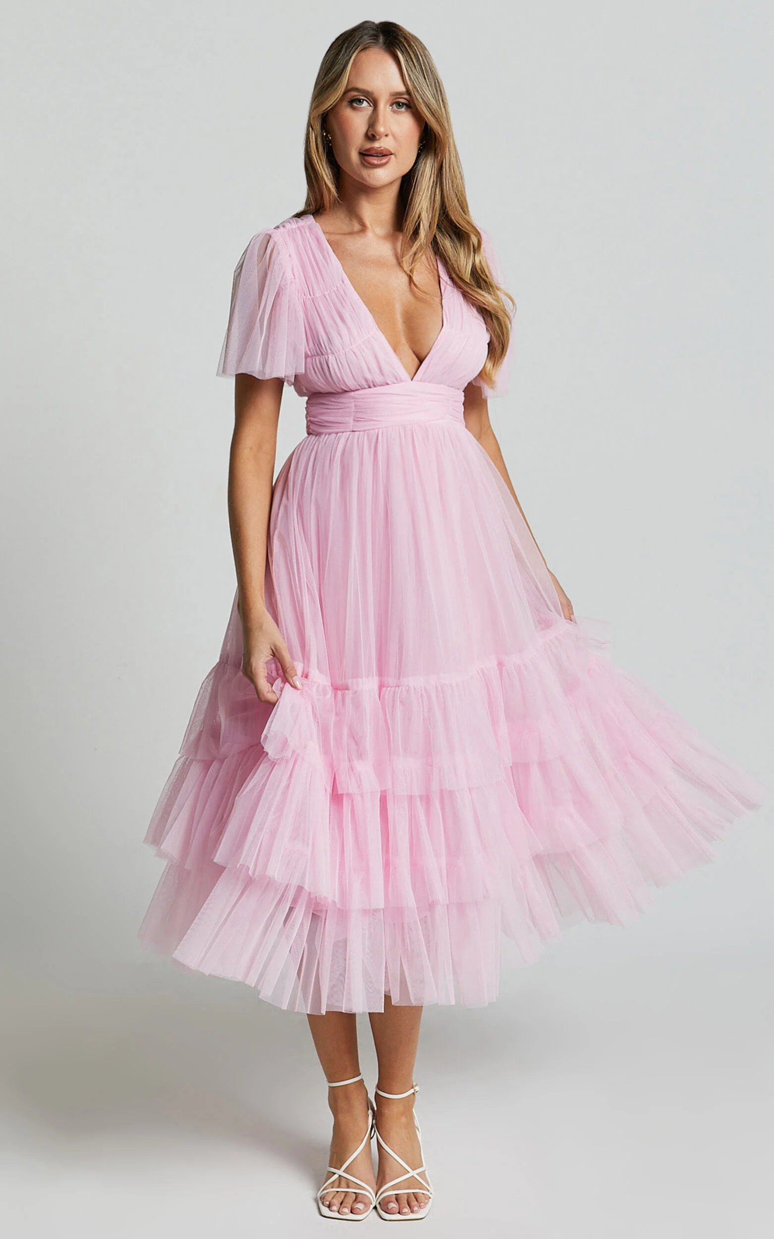 Jiraye Midi Dress - Flutter Sleeve Tuelle Plunge Dress in Ballet Pink