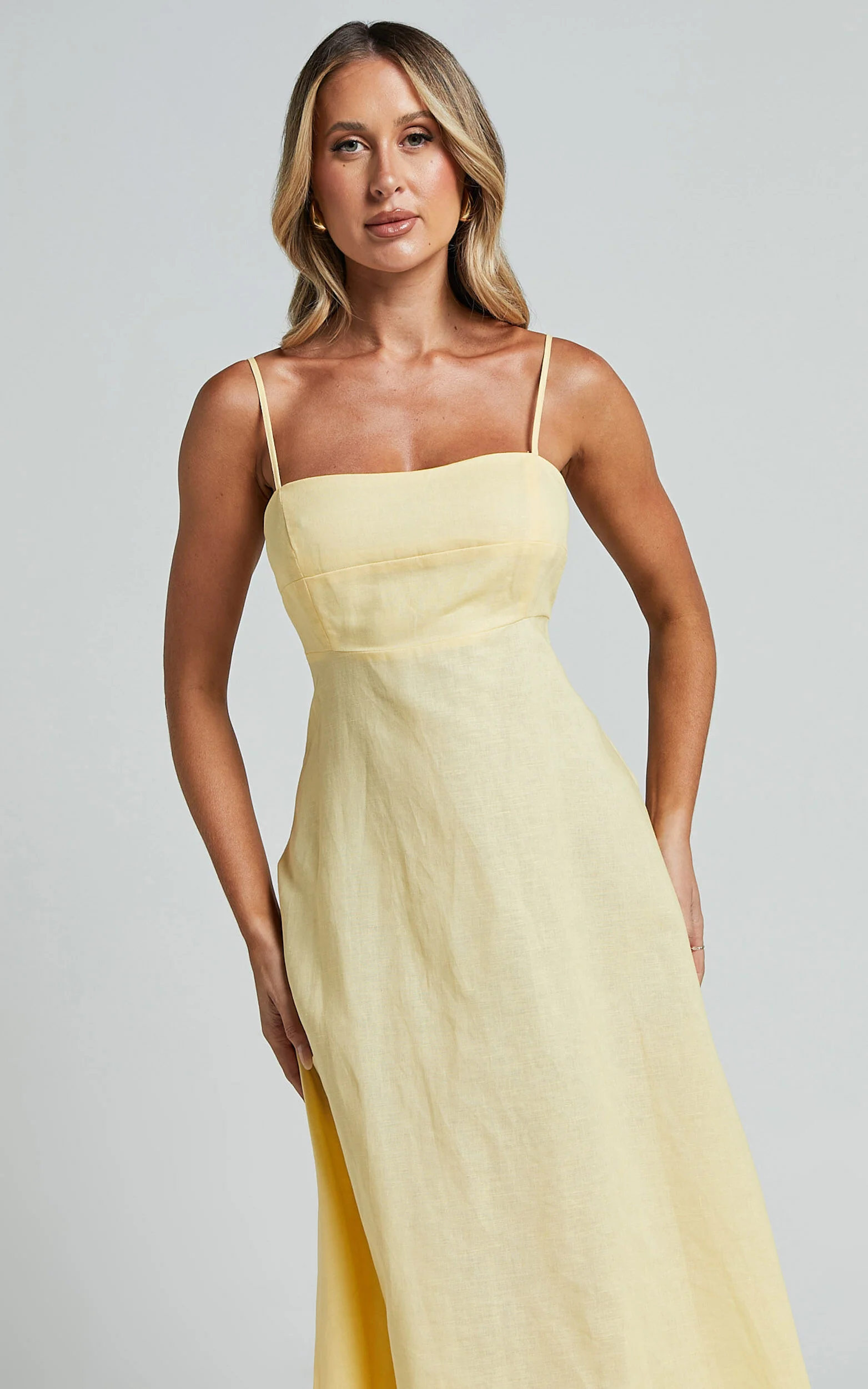 Brette Midi Dress - Linen Straight Neck Strappy Fit And Flare Dress in Lemon