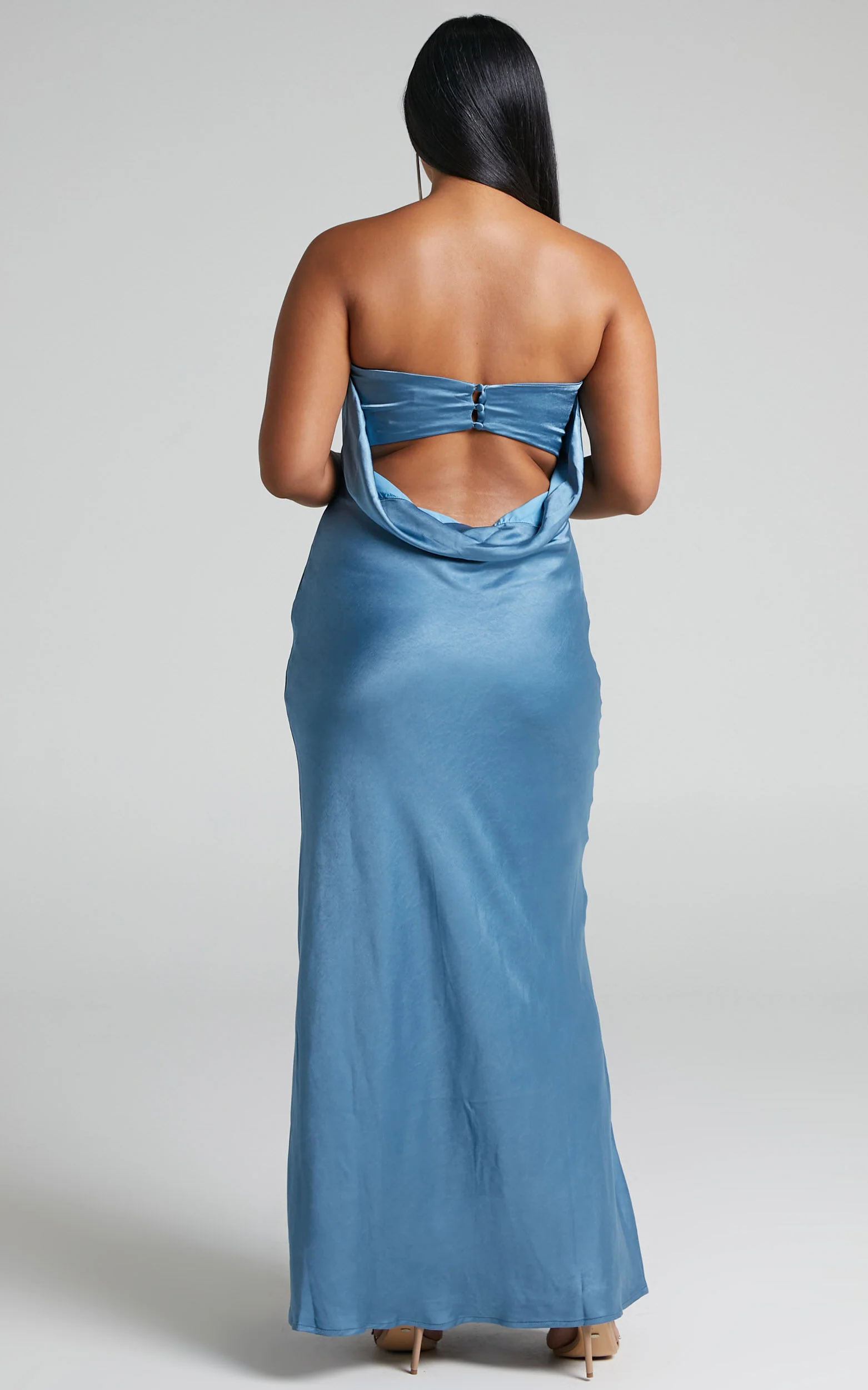 Charlita Maxi Dress - Strapless Cowl Back Satin Dress in Steel Blue
